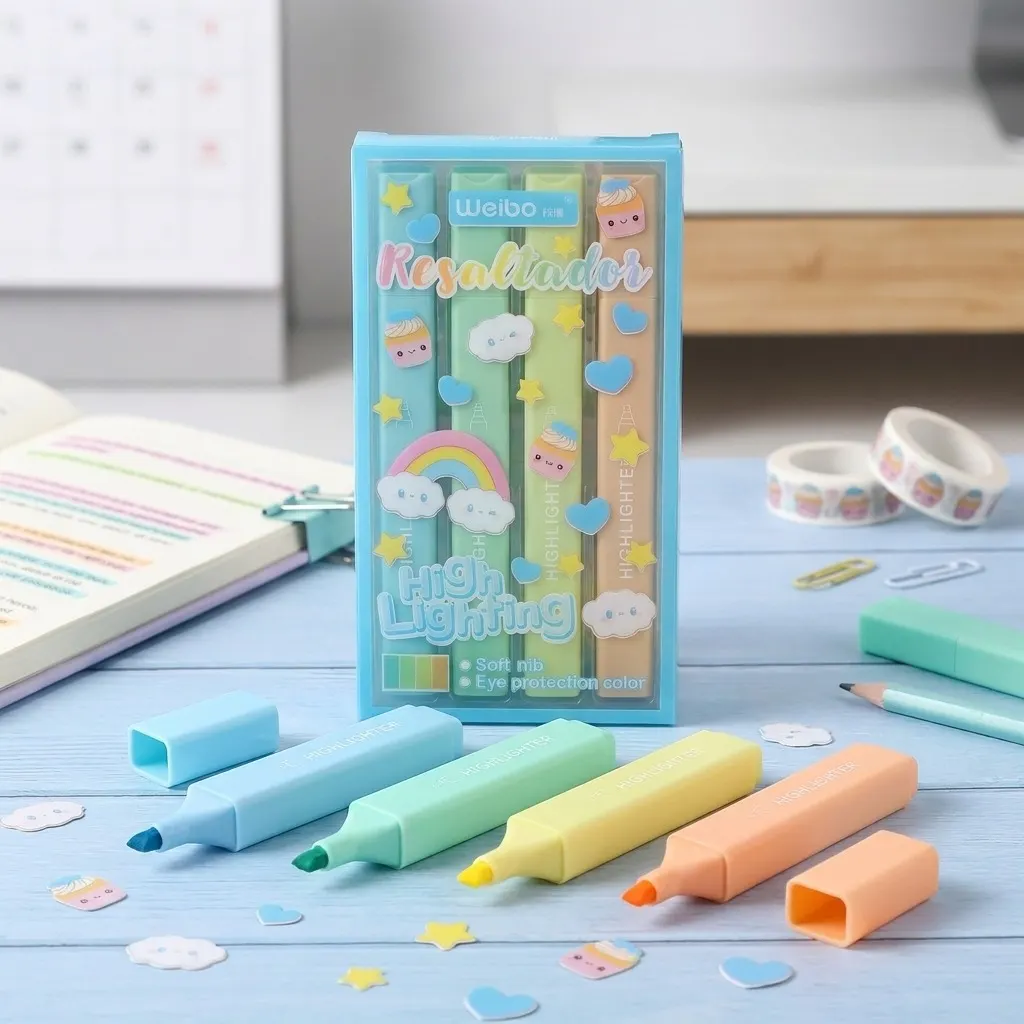 4PCS Weibo Pastel Kawaii Highlighter Marker Set – Soft Nib Eye-Protection Macaron Colors, 3-in-1 Chisel Tip (1/2/5mm) for Notes, Study & Drawing | Buy2Enjoy