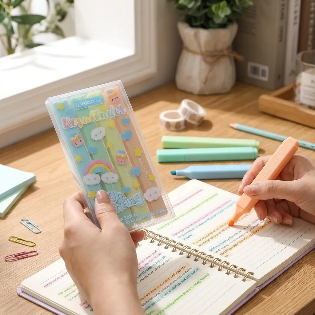 4PCS Weibo Pastel Kawaii Highlighter Marker Set – Soft Nib Eye-Protection Macaron Colors, 3-in-1 Chisel Tip (1/2/5mm) for Notes, Study & Drawing | Buy2Enjoy