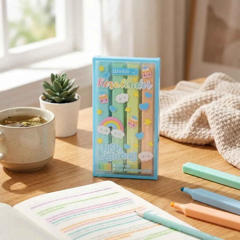 4PCS Weibo Pastel Kawaii Highlighter Marker Set – Soft Nib Eye-Protection Macaron Colors, 3-in-1 Chisel Tip (1/2/5mm) for Notes, Study & Drawing | Buy2Enjoy