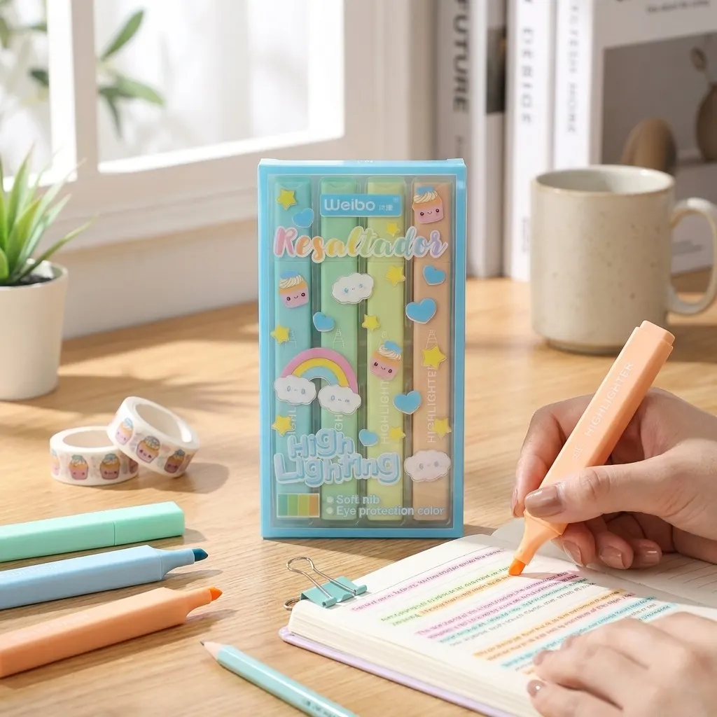 4PCS Weibo Pastel Kawaii Highlighter Marker Set – Soft Nib Eye-Protection Macaron Colors, 3-in-1 Chisel Tip (1/2/5mm) for Notes, Study & Drawing | Buy2Enjoy