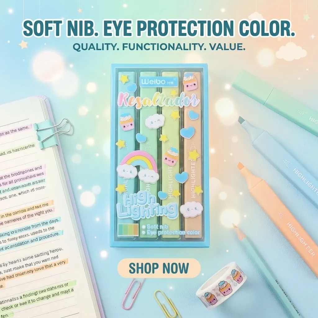 4PCS Weibo Pastel Kawaii Highlighter Marker Set – Soft Nib Eye-Protection Macaron Colors, 3-in-1 Chisel Tip (1/2/5mm) for Notes, Study & Drawing | Buy2Enjoy