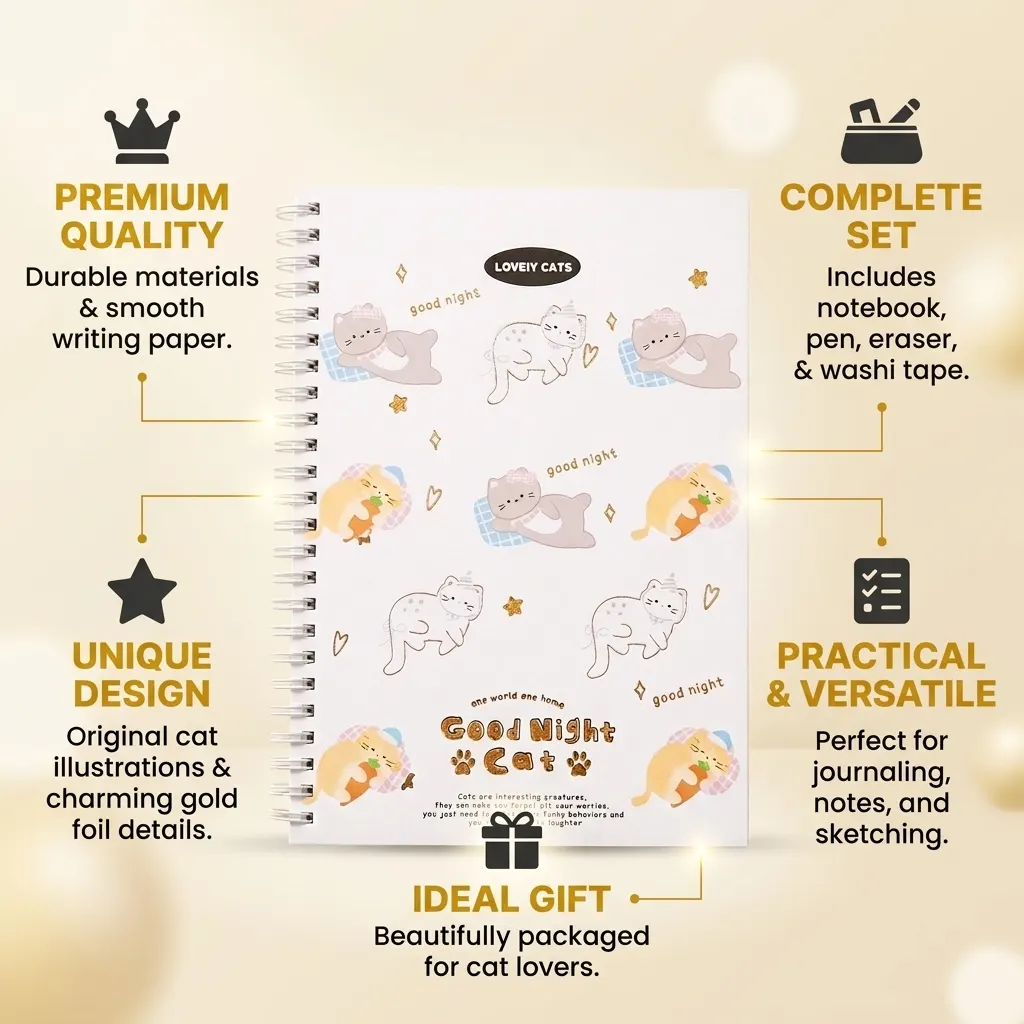 Cute Good Night Cat Spiral Notebook – 35+ Pages Aesthetic Yellow Paper Diary, Vintage Cartoon Design, Small Wire-Bound Journal for Boys & Girls, Daily Notes, School & Personal Use | Buy2Enjoy