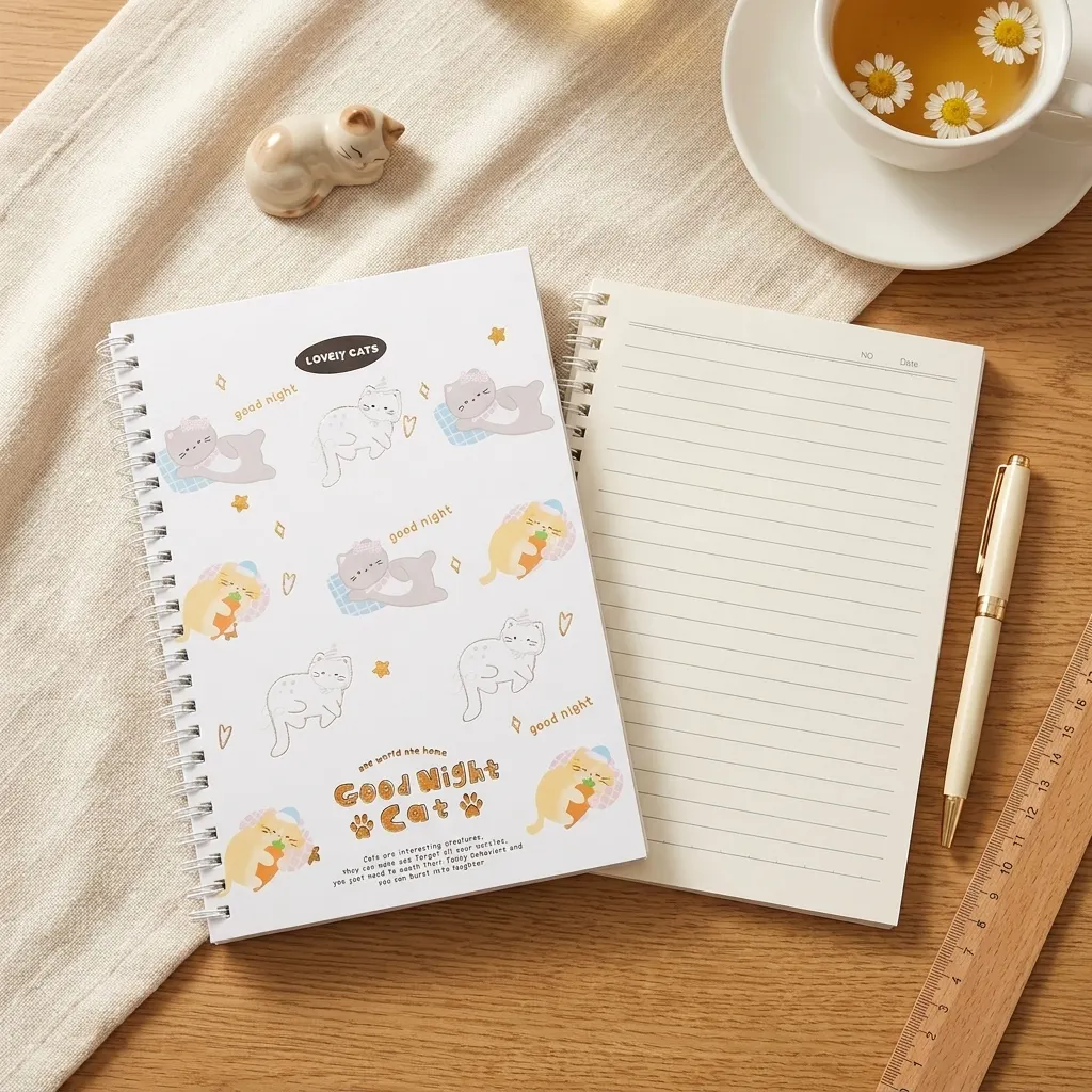 Cute Good Night Cat Spiral Notebook – 35+ Pages Aesthetic Yellow Paper Diary, Vintage Cartoon Design, Small Wire-Bound Journal for Boys & Girls, Daily Notes, School & Personal Use | Buy2Enjoy