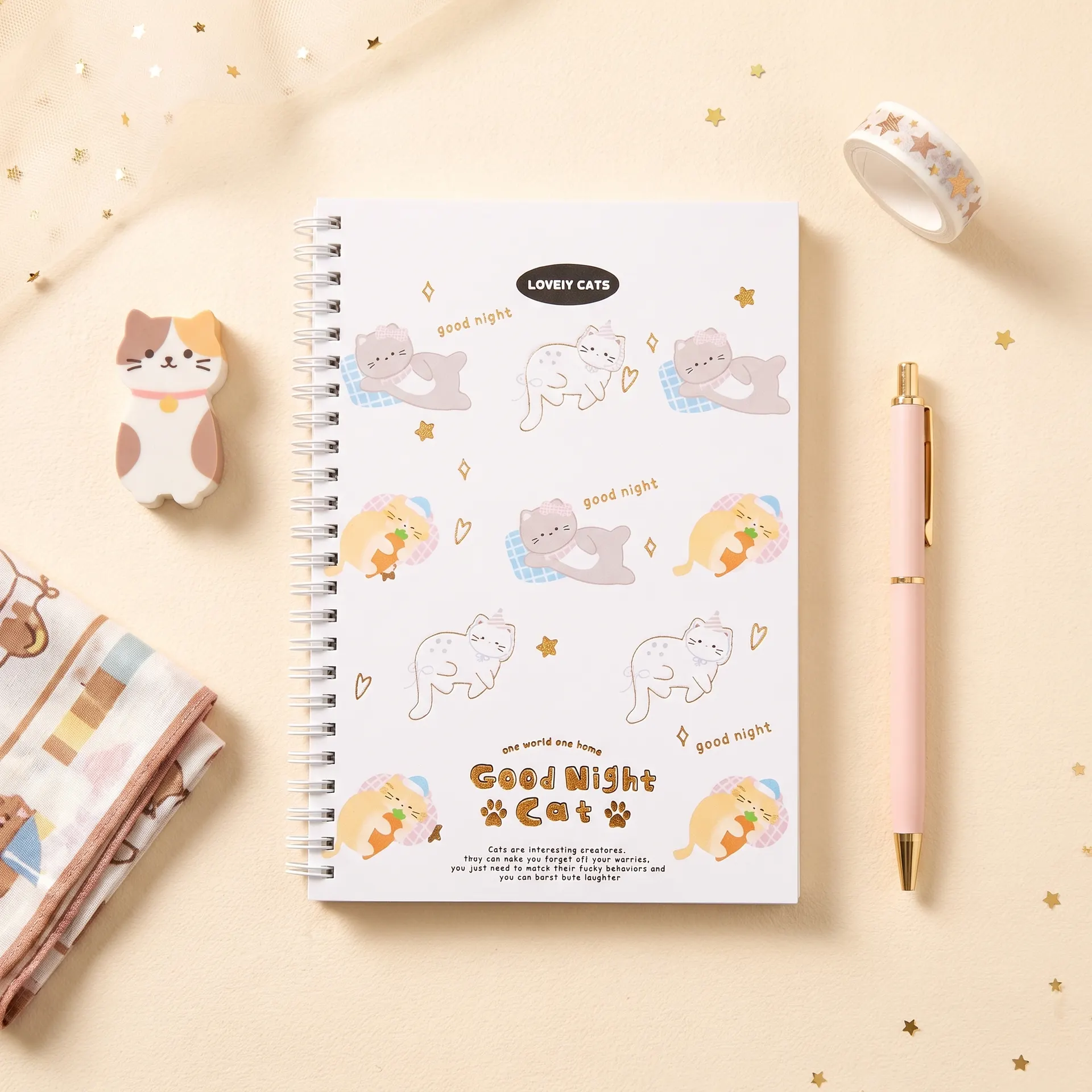 Cute Good Night Cat Spiral Notebook – 35+ Pages Aesthetic Yellow Paper Diary, Vintage Cartoon Design, Small Wire-Bound Journal for Boys & Girls, Daily Notes, School & Personal Use | Buy2Enjoy