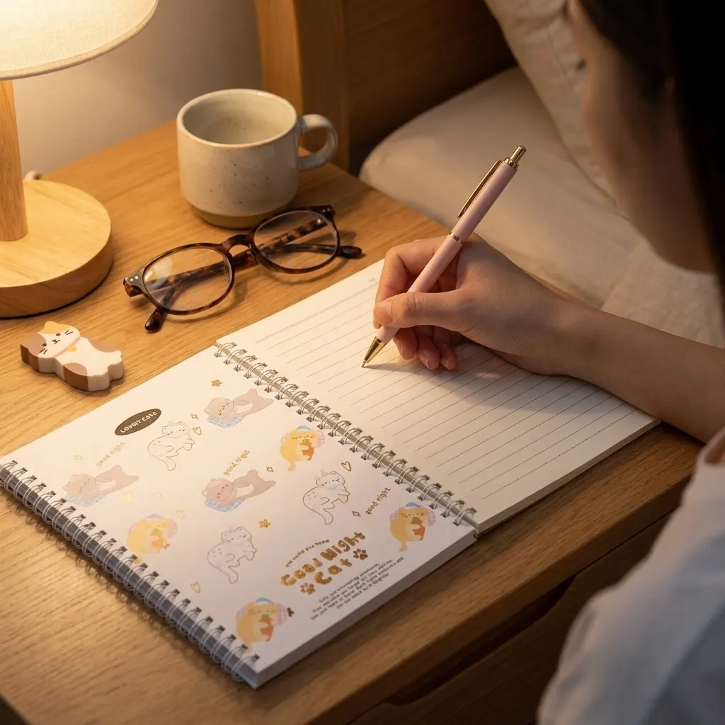 Cute Good Night Cat Spiral Notebook – 35+ Pages Aesthetic Yellow Paper Diary, Vintage Cartoon Design, Small Wire-Bound Journal for Boys & Girls, Daily Notes, School & Personal Use | Buy2Enjoy
