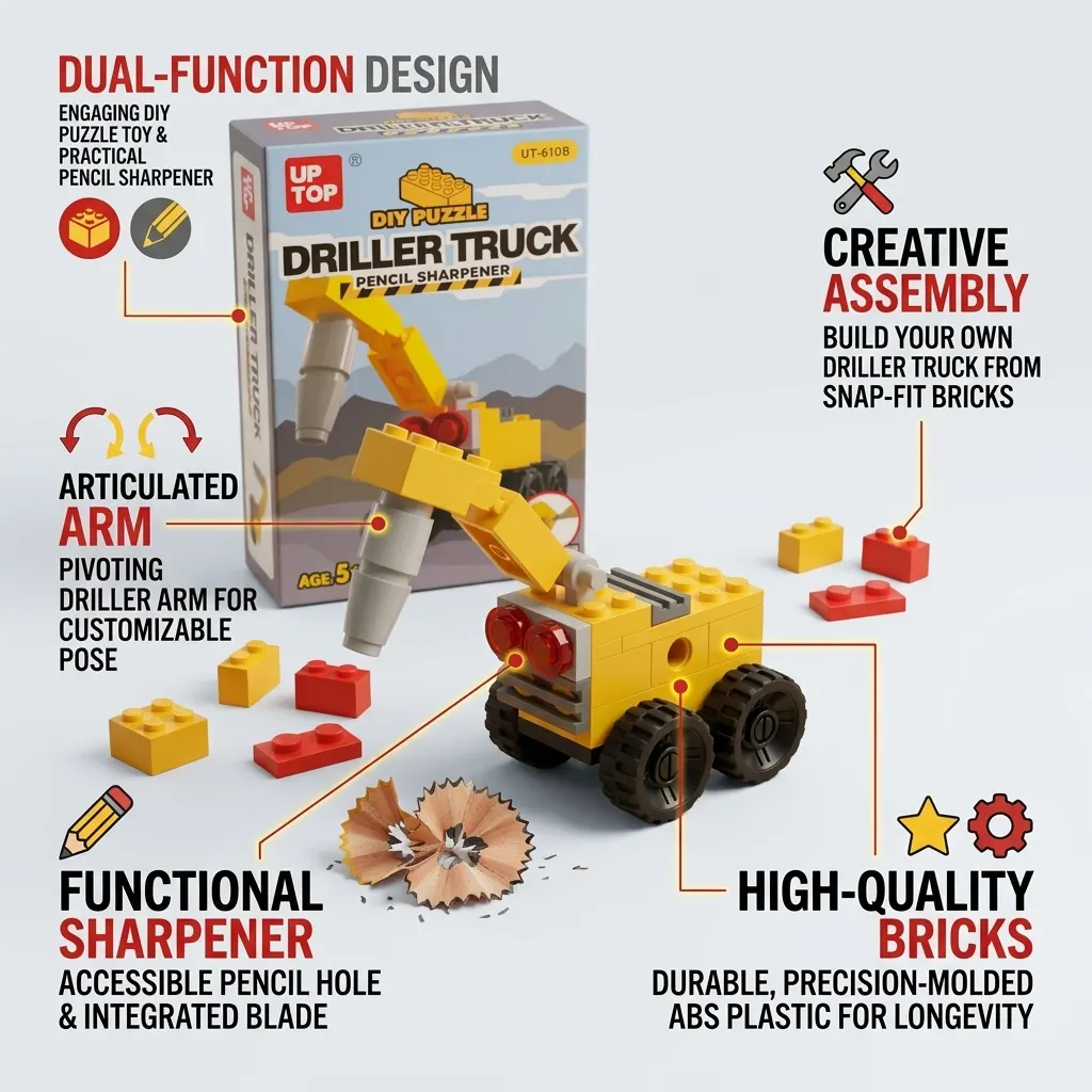 DIY Puzzle Brick Building Block Pencil Sharpener Driller Truck Design, Creative Construction Toy & Manual Pencil Cutter for Kids, Students, School Stationery Gift | Buy2Enjoy