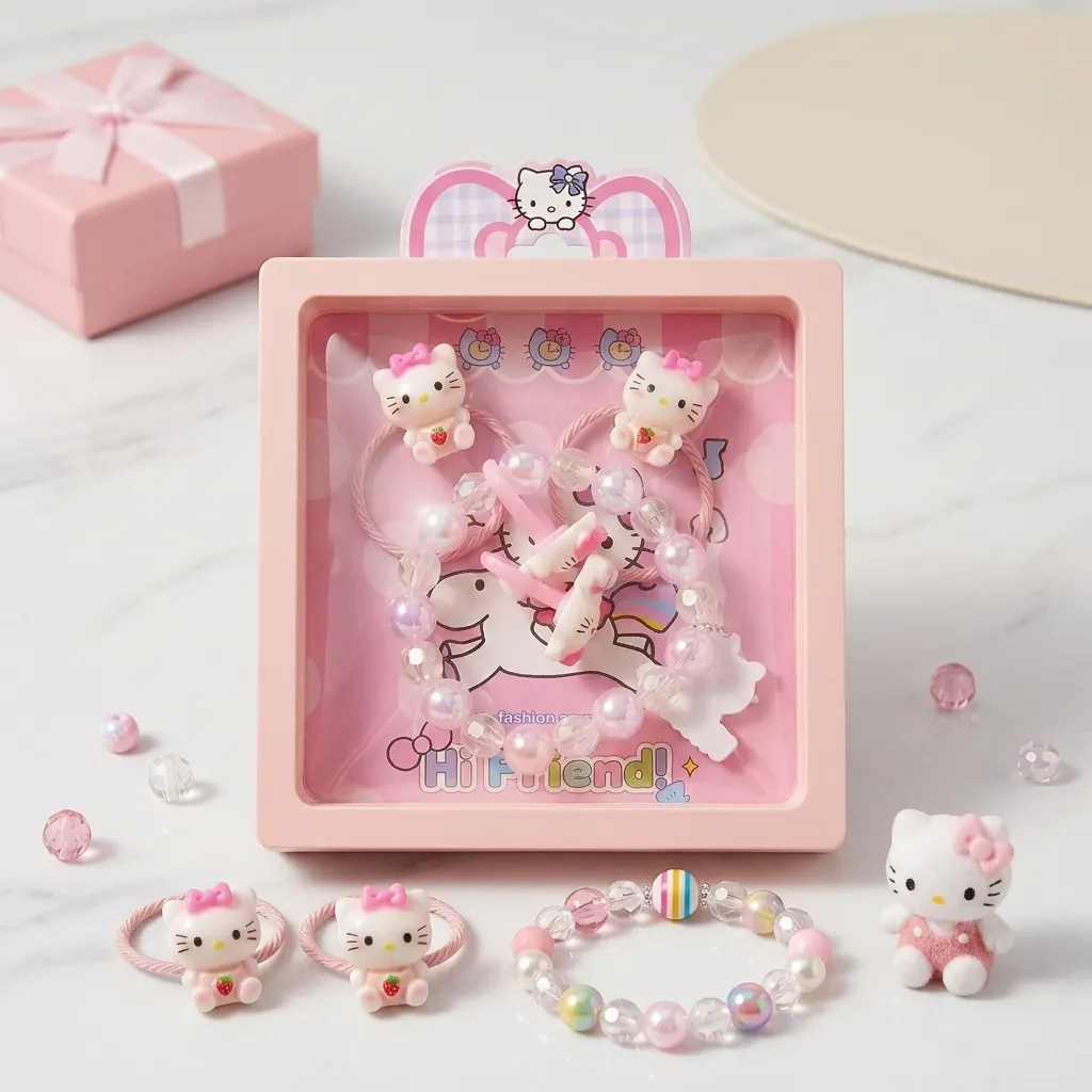 Hello Kitty Kids Hair Accessories & Jewelry Set – 2 Hair Ties, Cute Hairpin & Beaded Bracelet | Girls Fashion Gift Set