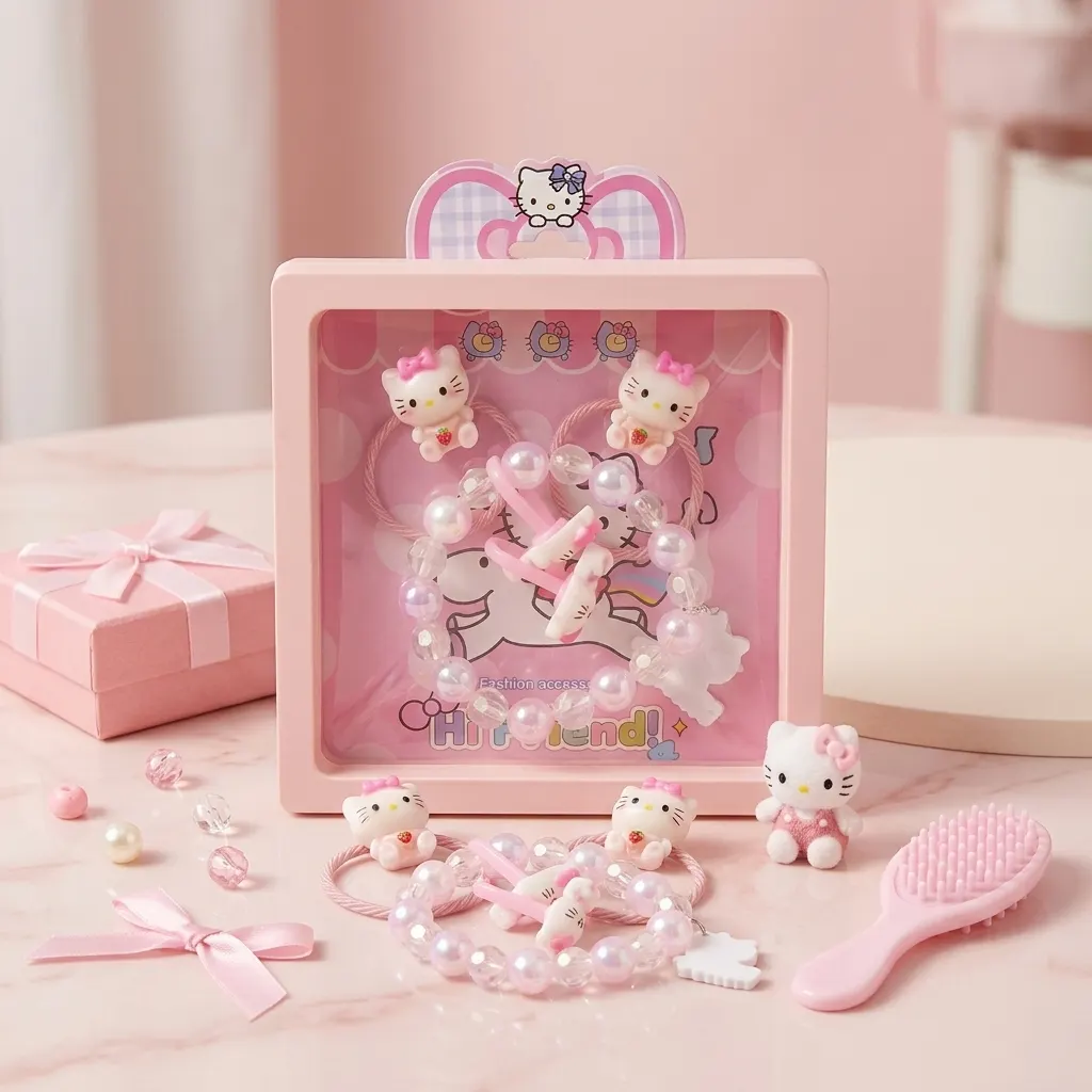 Hello Kitty Kids Hair Accessories & Jewelry Set – 2 Hair Ties, Cute Hairpin & Beaded Bracelet | Girls Fashion Gift Set