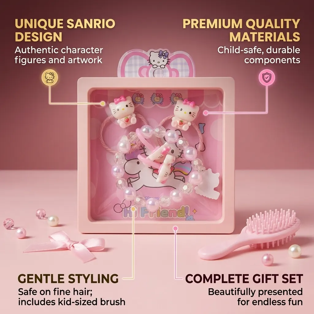 Hello Kitty Kids Hair Accessories & Jewelry Set – 2 Hair Ties, Cute Hairpin & Beaded Bracelet | Girls Fashion Gift Set