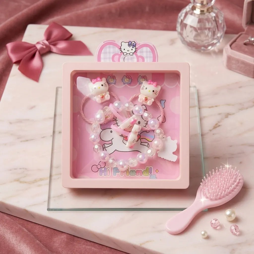 Hello Kitty Kids Hair Accessories & Jewelry Set – 2 Hair Ties, Cute Hairpin & Beaded Bracelet | Girls Fashion Gift Set