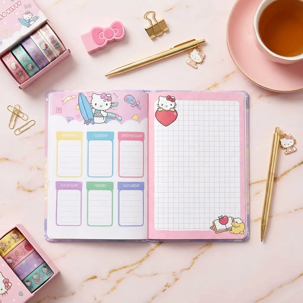 Hello Kitty Pink Hardcover Notebook 70+ Pages Aesthetic Yellow Paper Journal, Cute Teddy Bear & Candy Design with Gold Foil Accents, Kawaii Diary for School, Office & Students | Buy2Enjoy