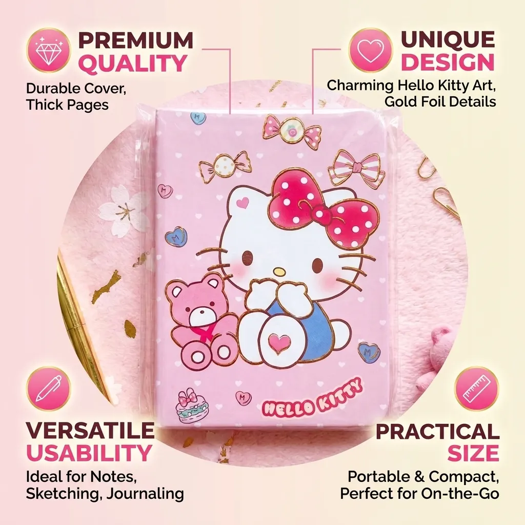 Hello Kitty Pink Hardcover Notebook 70+ Pages Aesthetic Yellow Paper Journal, Cute Teddy Bear & Candy Design with Gold Foil Accents, Kawaii Diary for School, Office & Students | Buy2Enjoy