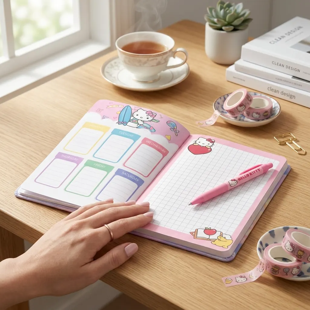 Hello Kitty Pink Hardcover Notebook 70+ Pages Aesthetic Yellow Paper Journal, Cute Teddy Bear & Candy Design with Gold Foil Accents, Kawaii Diary for School, Office & Students | Buy2Enjoy