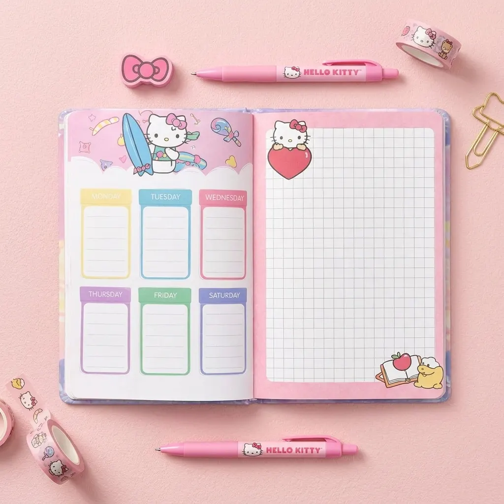 Hello Kitty Pink Hardcover Notebook 70+ Pages Aesthetic Yellow Paper Journal, Cute Teddy Bear & Candy Design with Gold Foil Accents, Kawaii Diary for School, Office & Students | Buy2Enjoy