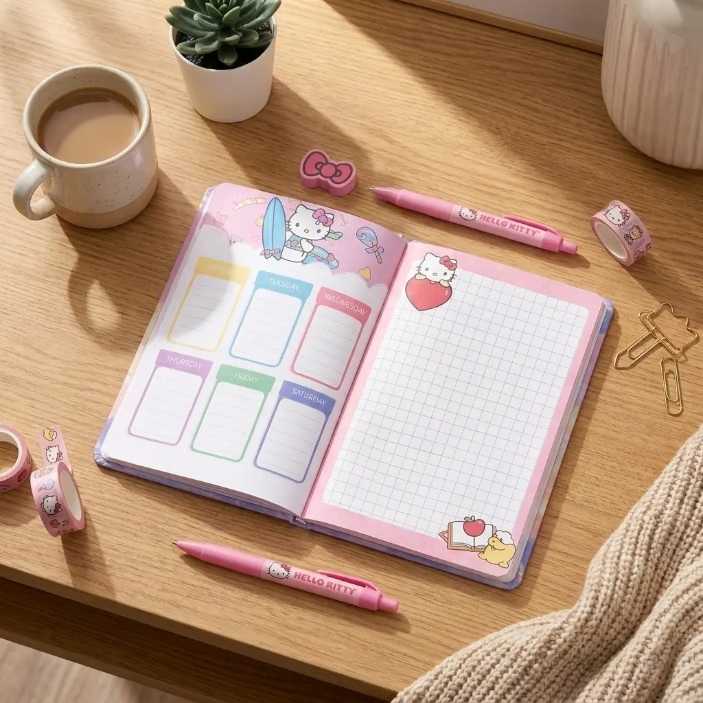 Hello Kitty Pink Hardcover Notebook 70+ Pages Aesthetic Yellow Paper Journal, Cute Teddy Bear & Candy Design with Gold Foil Accents, Kawaii Diary for School, Office & Students | Buy2Enjoy