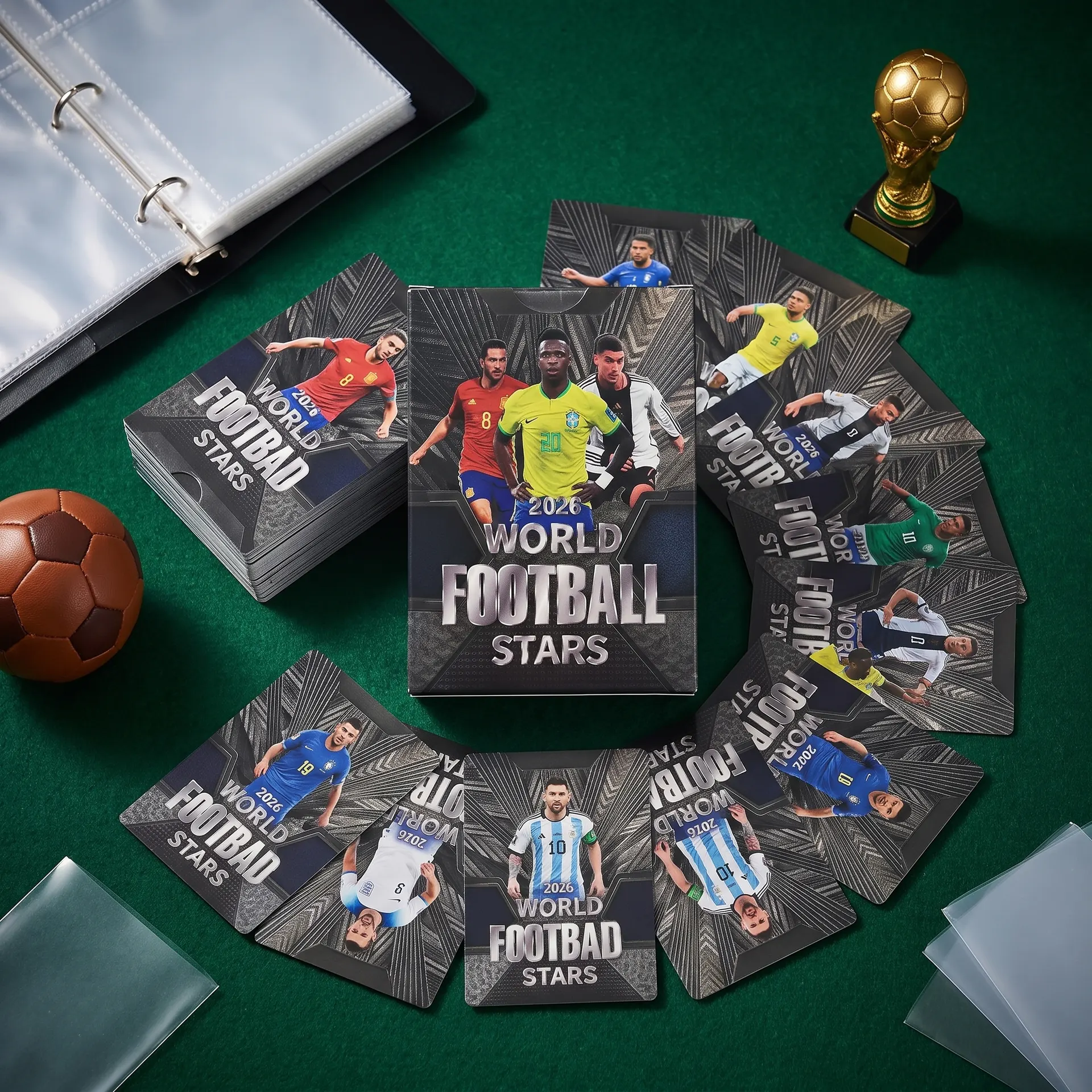New 2026 WFS World Football Stars Trading Cards Mega Pack – 55 Pcs Gold, Silver & Black Plastic Cards | Master, Legend & Rookie Collector Set | Buy2Enjoy.PK