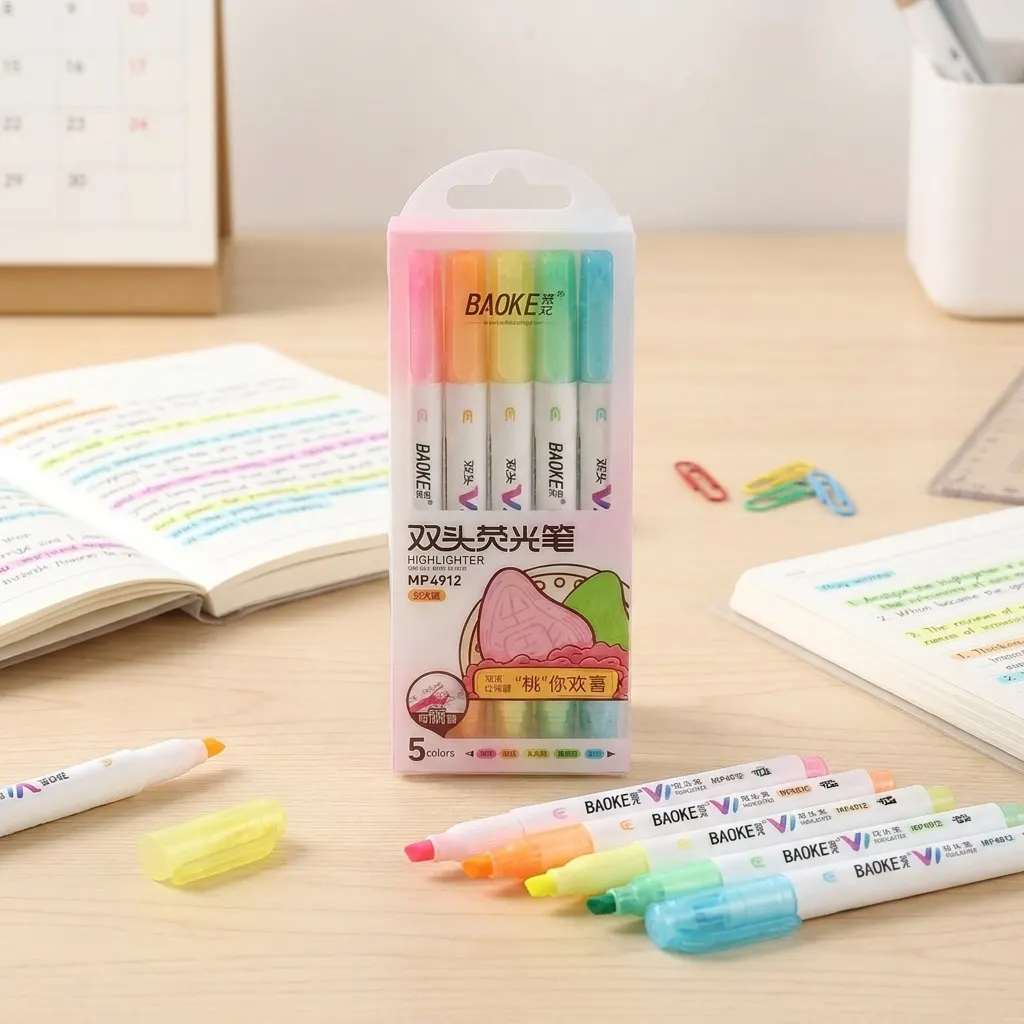 Pack of 5 Double-Sided Highlighter Markers with Fine Pointer Tip – Premium Quality Colorful Highlighters for School, Notes, Journaling & Office Use