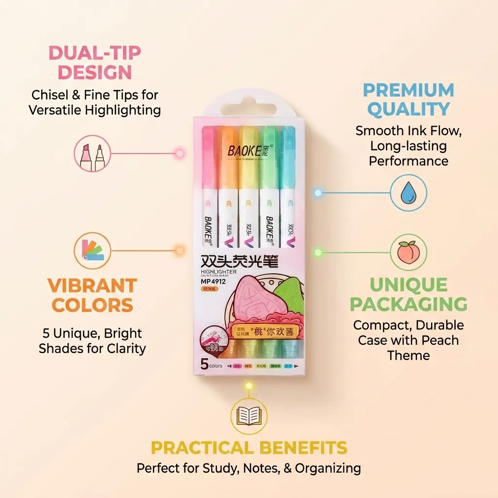 Pack of 5 Double-Sided Highlighter Markers with Fine Pointer Tip – Premium Quality Colorful Highlighters for School, Notes, Journaling & Office Use