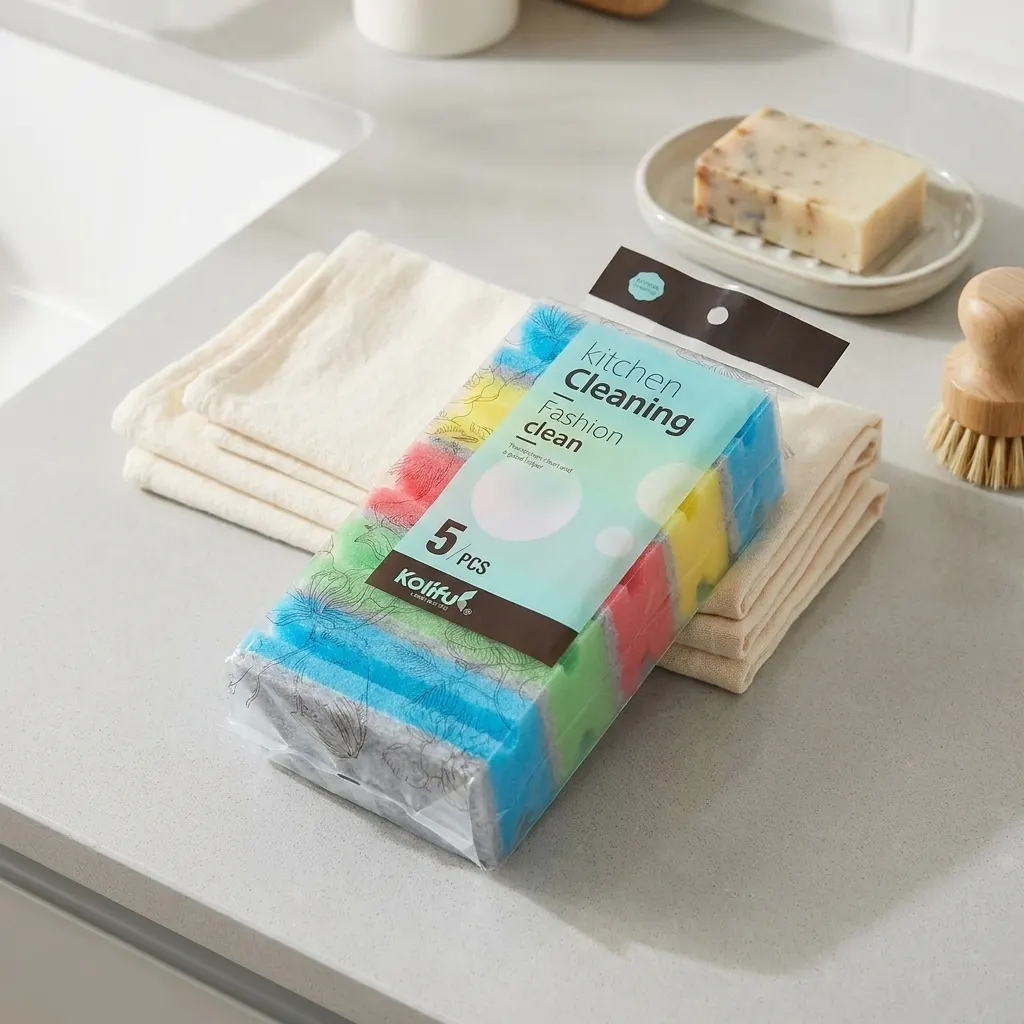 Pack of 5 Double-Sided Kitchen Cleaning Sponges – High Density Non-Stick Dishwashing Scrubber for Pots, Pans, Dishes, Glass & Metal Surfaces | Buy2Enjoy.Pk
