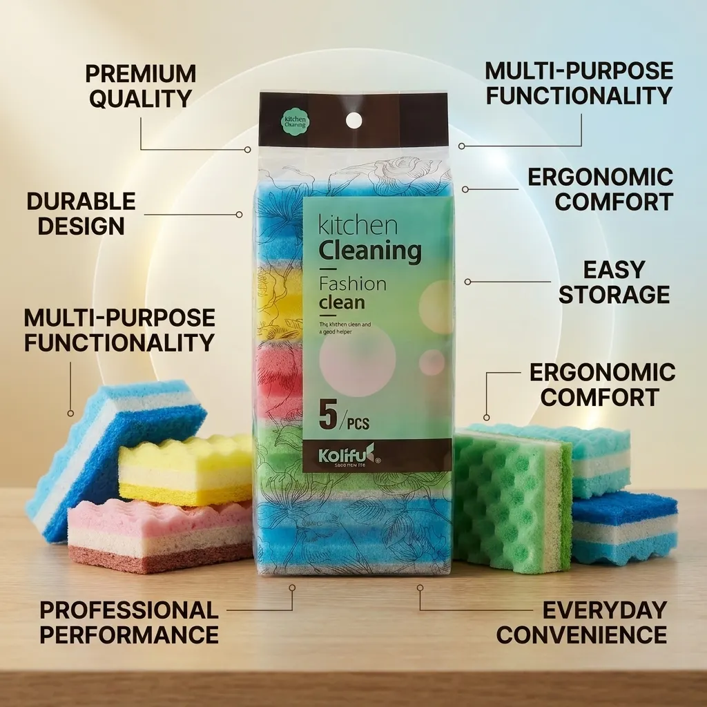 Pack of 5 Double-Sided Kitchen Cleaning Sponges – High Density Non-Stick Dishwashing Scrubber for Pots, Pans, Dishes, Glass & Metal Surfaces | Buy2Enjoy.Pk