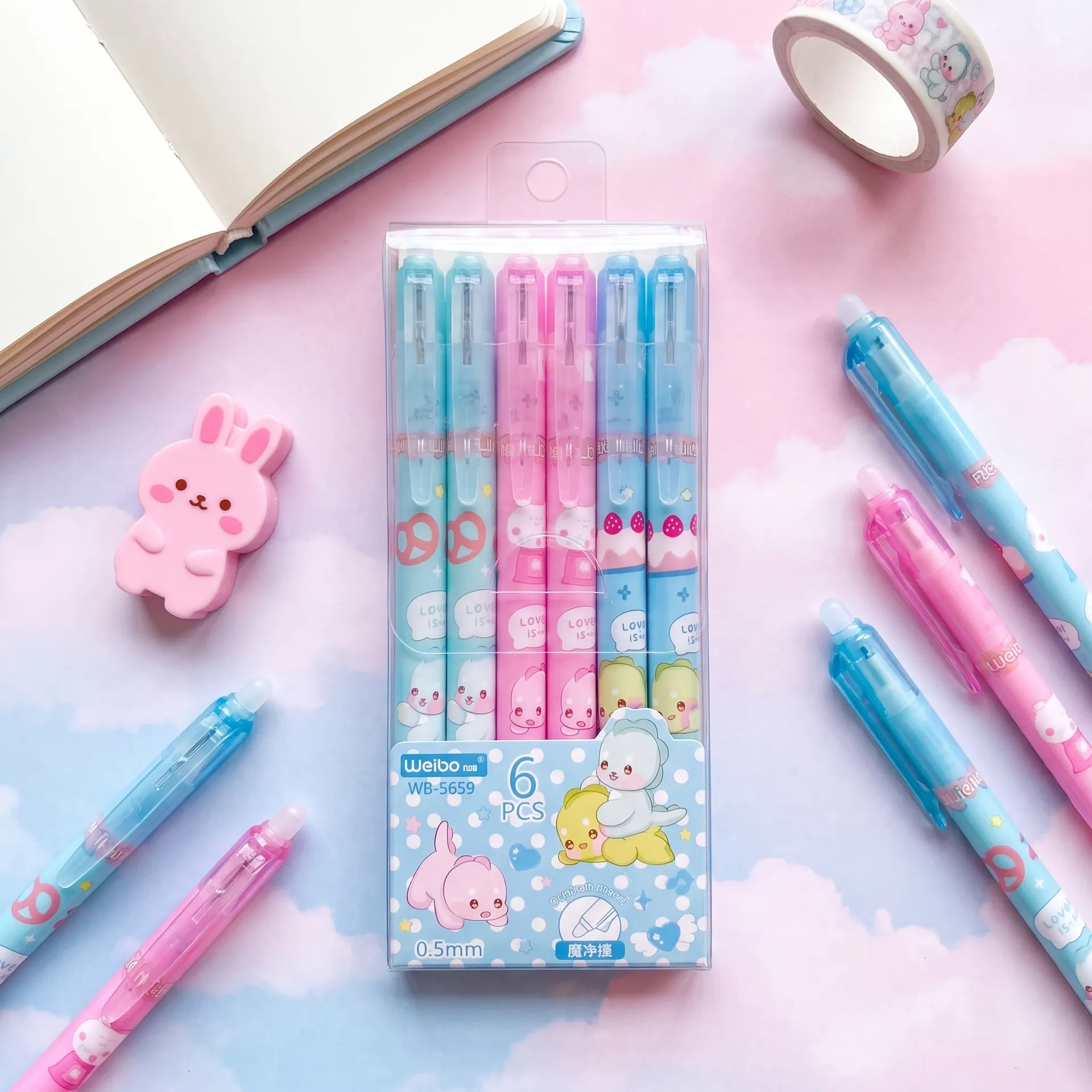 Premium 6 Pcs Cute Cartoon Erasable Gel Pens – 0.5mm Smooth Writing Kawaii Bunny & Animal Click Pens, High-Quality Retractable Pens for School, Office & Study | Buy2Enjoy