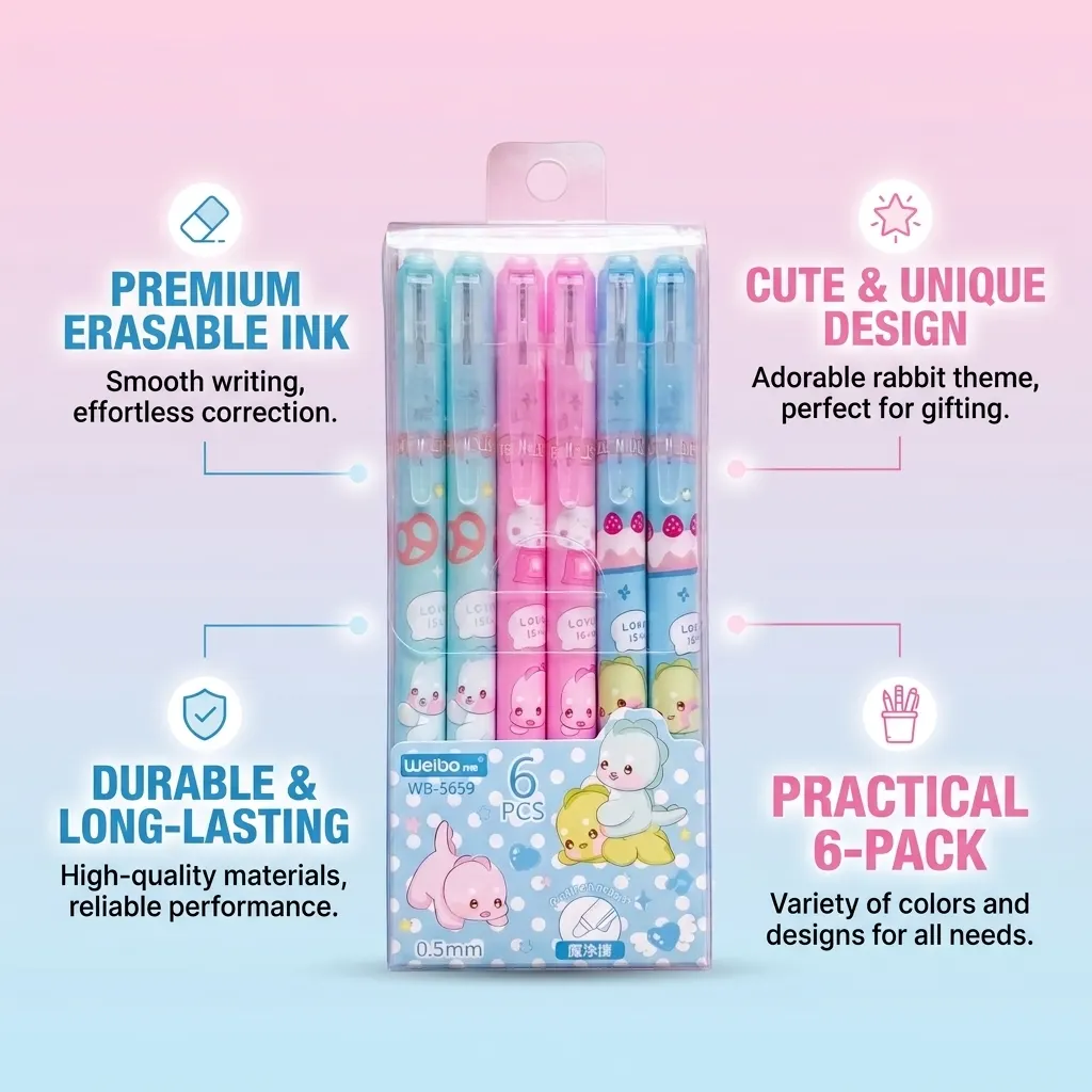 Premium 6 Pcs Cute Cartoon Erasable Gel Pens – 0.5mm Smooth Writing Kawaii Bunny & Animal Click Pens, High-Quality Retractable Pens for School, Office & Study | Buy2Enjoy