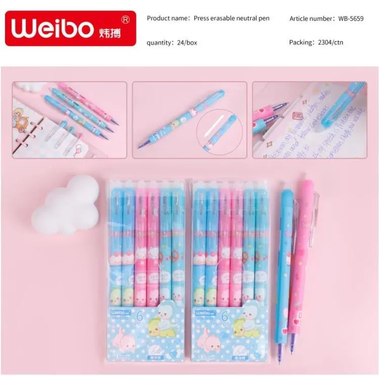 Premium 6 Pcs Cute Cartoon Erasable Gel Pens – 0.5mm Smooth Writing Kawaii Bunny & Animal Click Pens, High-Quality Retractable Pens for School, Office & Study | Buy2Enjoy