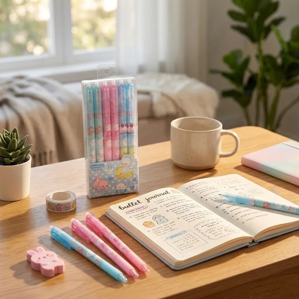 Premium 6 Pcs Cute Cartoon Erasable Gel Pens – 0.5mm Smooth Writing Kawaii Bunny & Animal Click Pens, High-Quality Retractable Pens for School, Office & Study | Buy2Enjoy