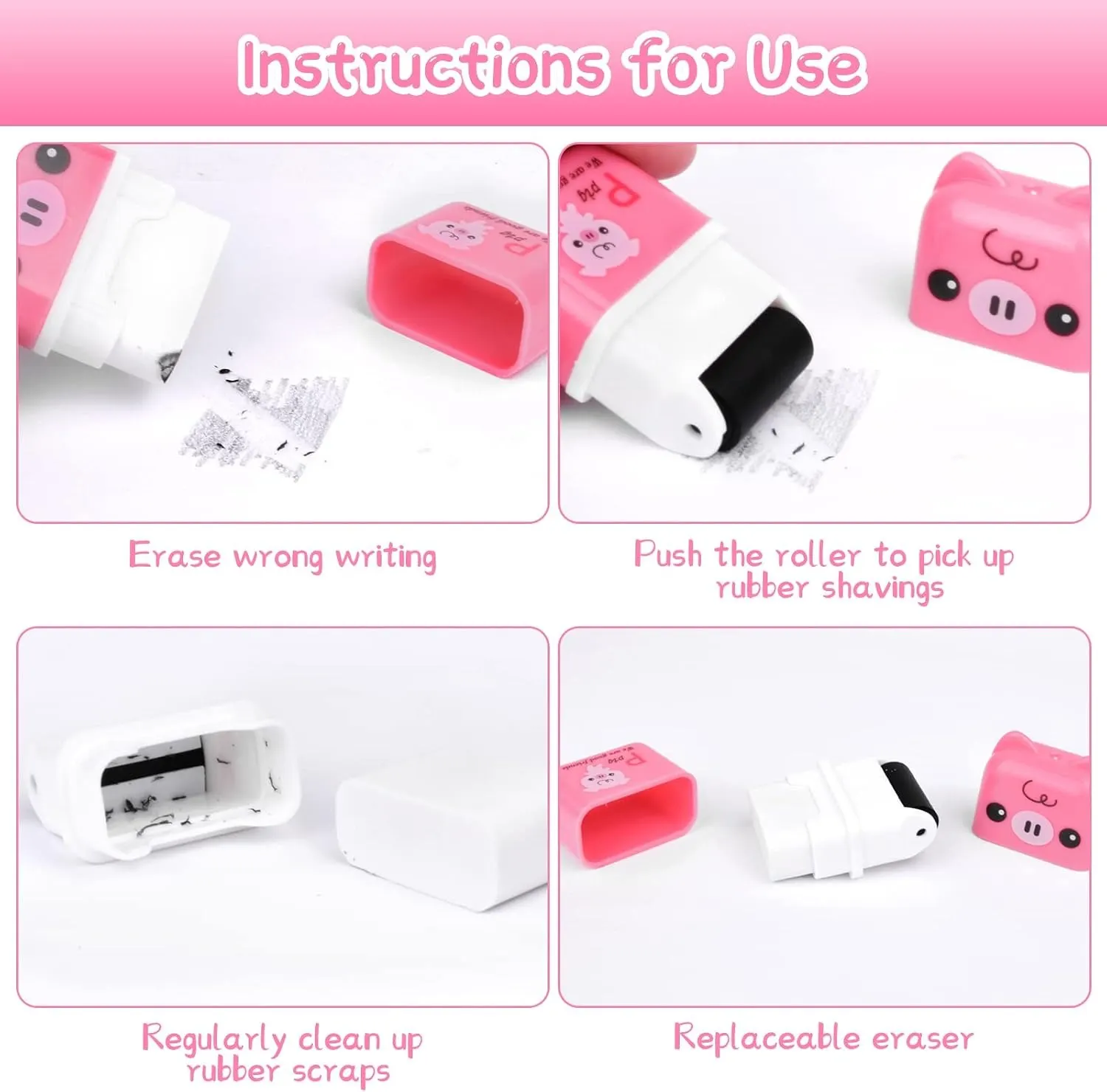 Premium Roller Eraser Cute Cartoon Pencil Erasers with Protective Covers & Dust Collectors High-Quality Colorful Erasers for Kids Students School & Office Stationery | Buy2Enjoy