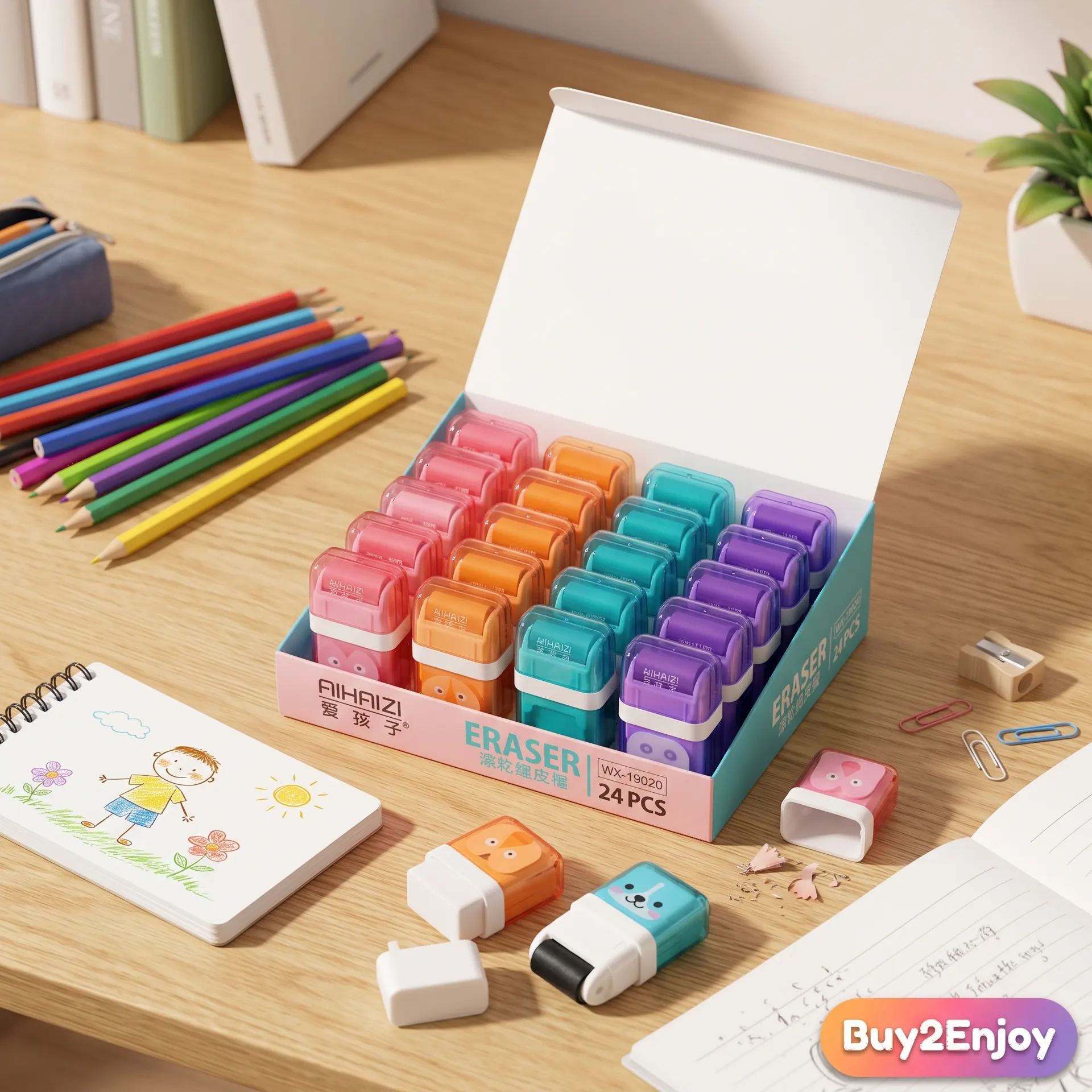 Premium Roller Eraser Cute Cartoon Pencil Erasers with Protective Covers & Dust Collectors High-Quality Colorful Erasers for Kids Students School & Office Stationery | Buy2Enjoy