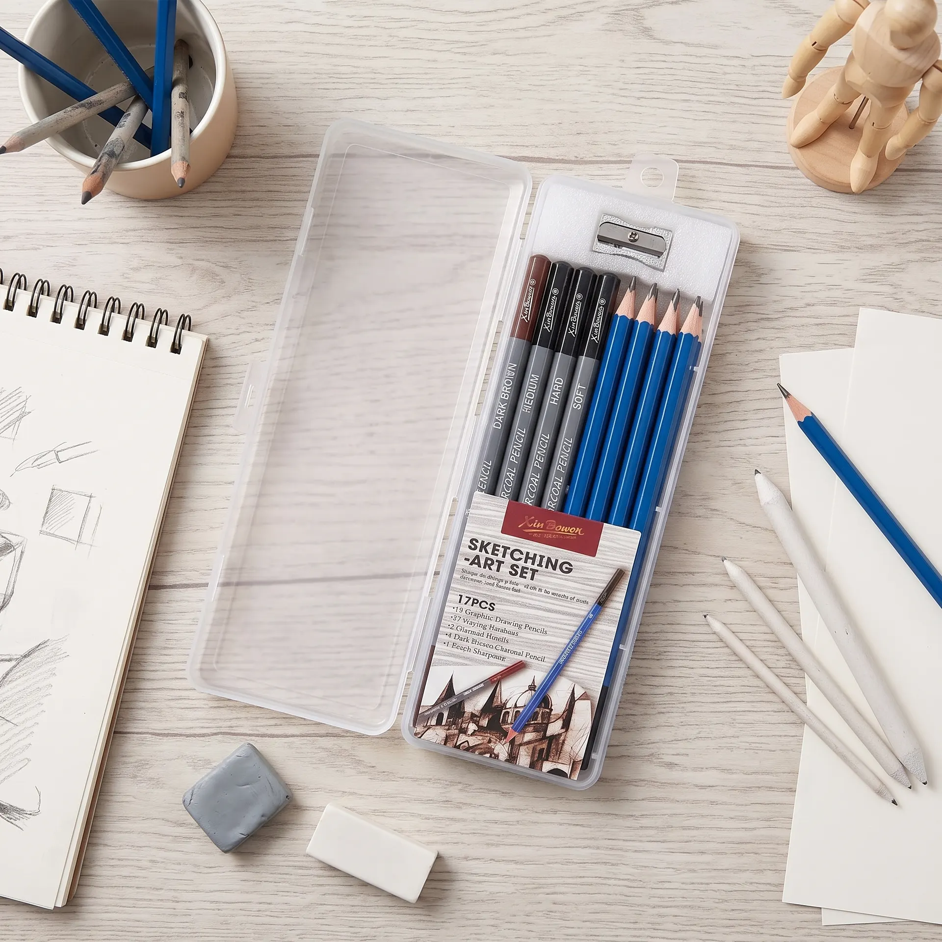 Premium Xin Bowen 17-Piece Professional Sketching Art Set – 12 Graphite Pencils (5H–8B), 4 Charcoal Pencils & Metal Sharpener, Specialized Drawing & Shading Kit for Artists, Beginners & Students | Buy2Enjoy