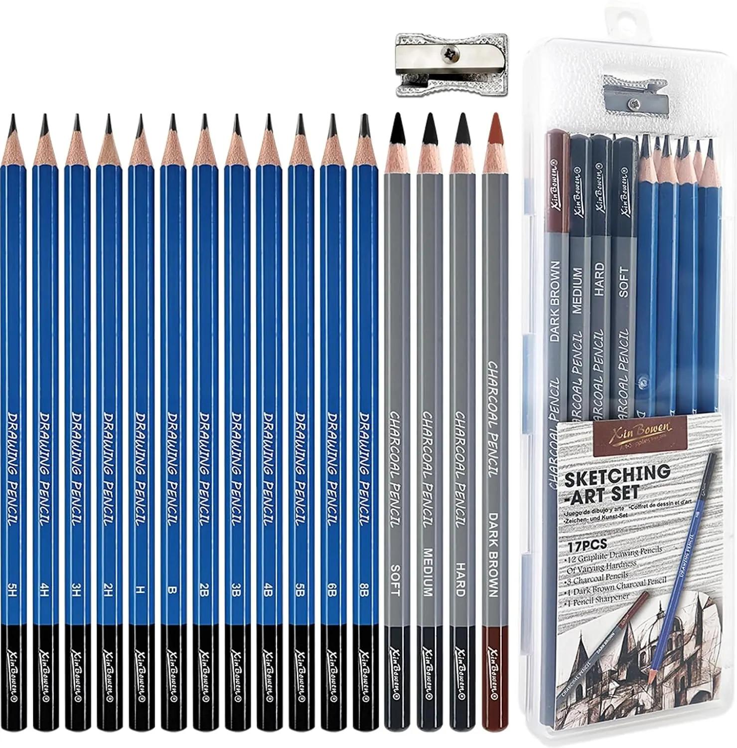 Premium Xin Bowen 17-Piece Professional Sketching Art Set – 12 Graphite Pencils (5H–8B), 4 Charcoal Pencils & Metal Sharpener, Specialized Drawing & Shading Kit for Artists, Beginners & Students | Buy2Enjoy