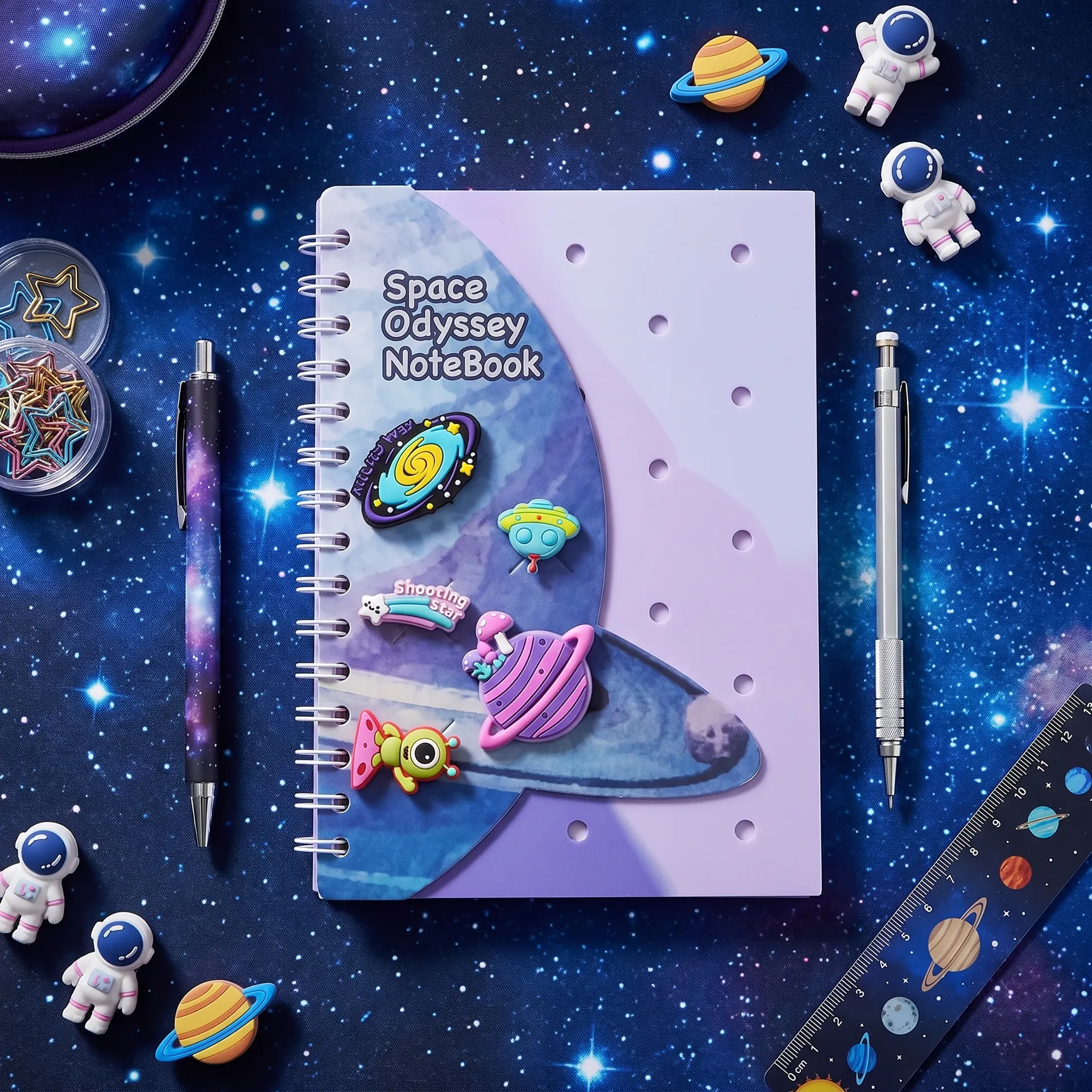 Space Odyssey Notebook A5, 75 + pages Spiral Bound Galaxy Journal with 3D Rubber Space Charms, UFO, Planet, Alien & Shooting Star Design, Cute Notebook for Kids, Teens, School & Creative Writing | Buy2Enjoy