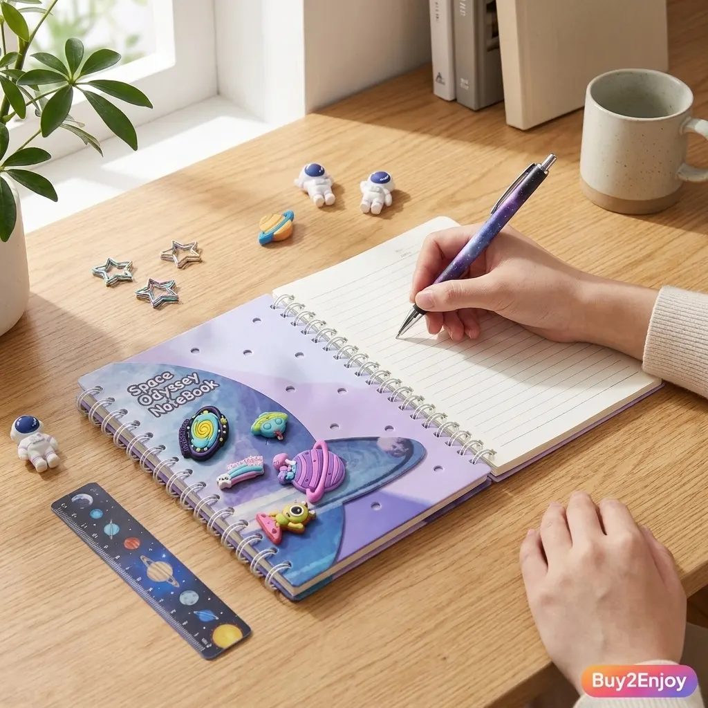 Space Odyssey Notebook A5, 75 + pages Spiral Bound Galaxy Journal with 3D Rubber Space Charms, UFO, Planet, Alien & Shooting Star Design, Cute Notebook for Kids, Teens, School & Creative Writing | Buy2Enjoy