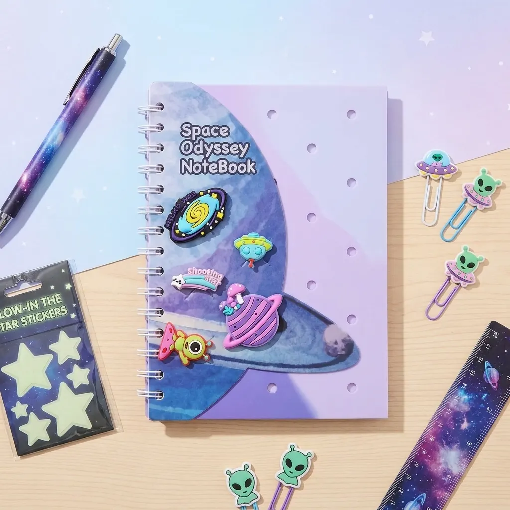 Space Odyssey Notebook A5, 75 + pages Spiral Bound Galaxy Journal with 3D Rubber Space Charms, UFO, Planet, Alien & Shooting Star Design, Cute Notebook for Kids, Teens, School & Creative Writing | Buy2Enjoy