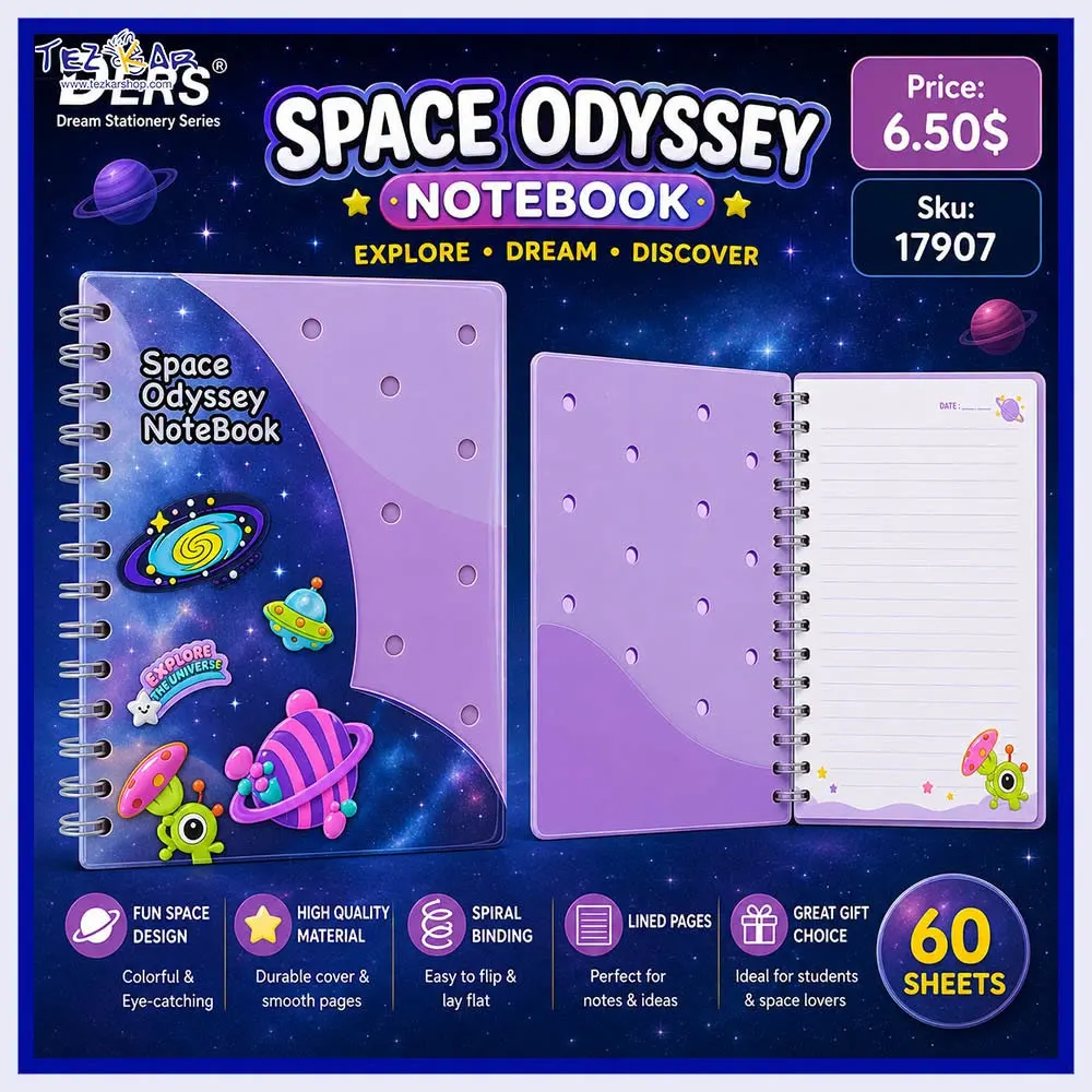 Space Odyssey Notebook A5, 75 + pages Spiral Bound Galaxy Journal with 3D Rubber Space Charms, UFO, Planet, Alien & Shooting Star Design, Cute Notebook for Kids, Teens, School & Creative Writing | Buy2Enjoy