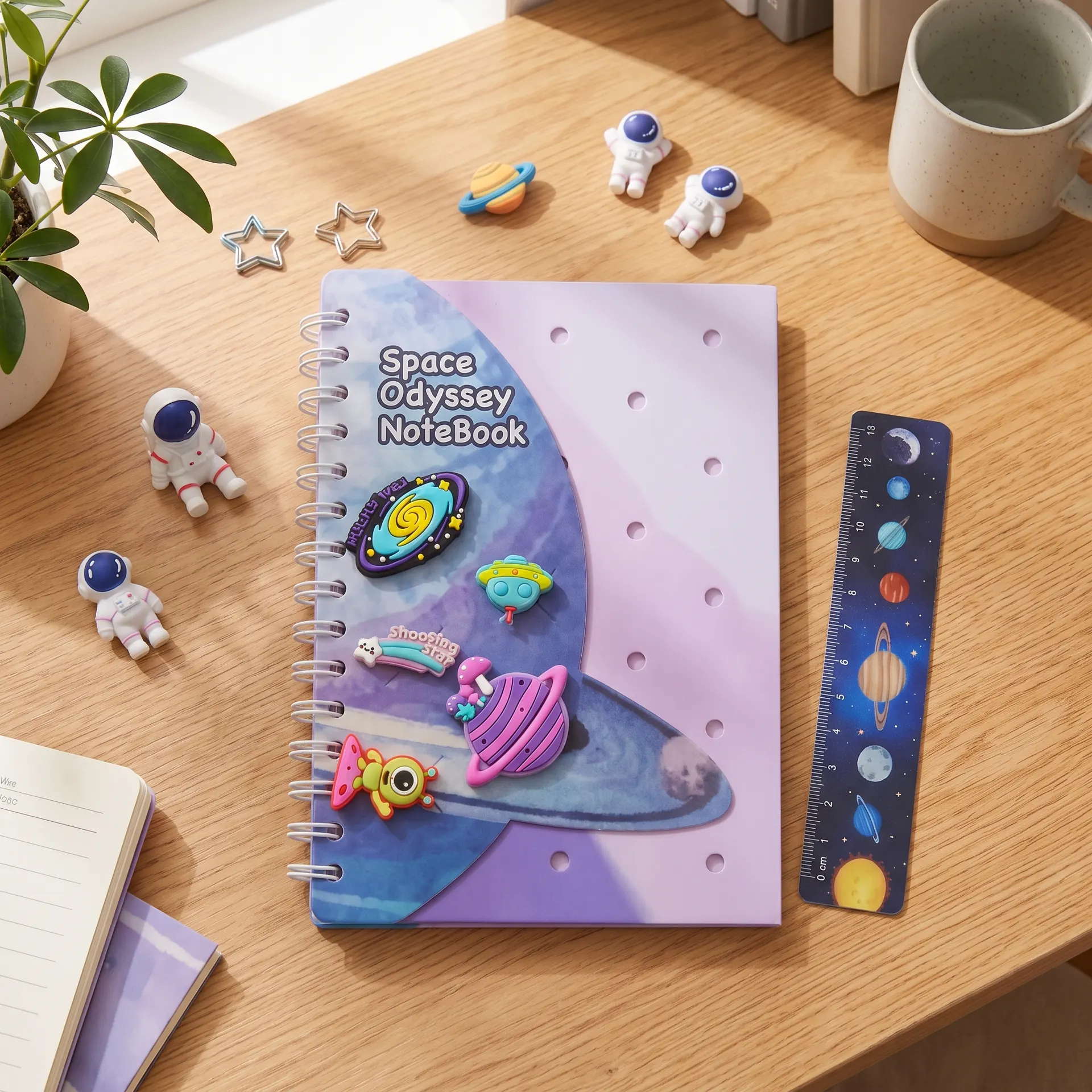 Space Odyssey Notebook A5, 75 + pages Spiral Bound Galaxy Journal with 3D Rubber Space Charms, UFO, Planet, Alien & Shooting Star Design, Cute Notebook for Kids, Teens, School & Creative Writing | Buy2Enjoy