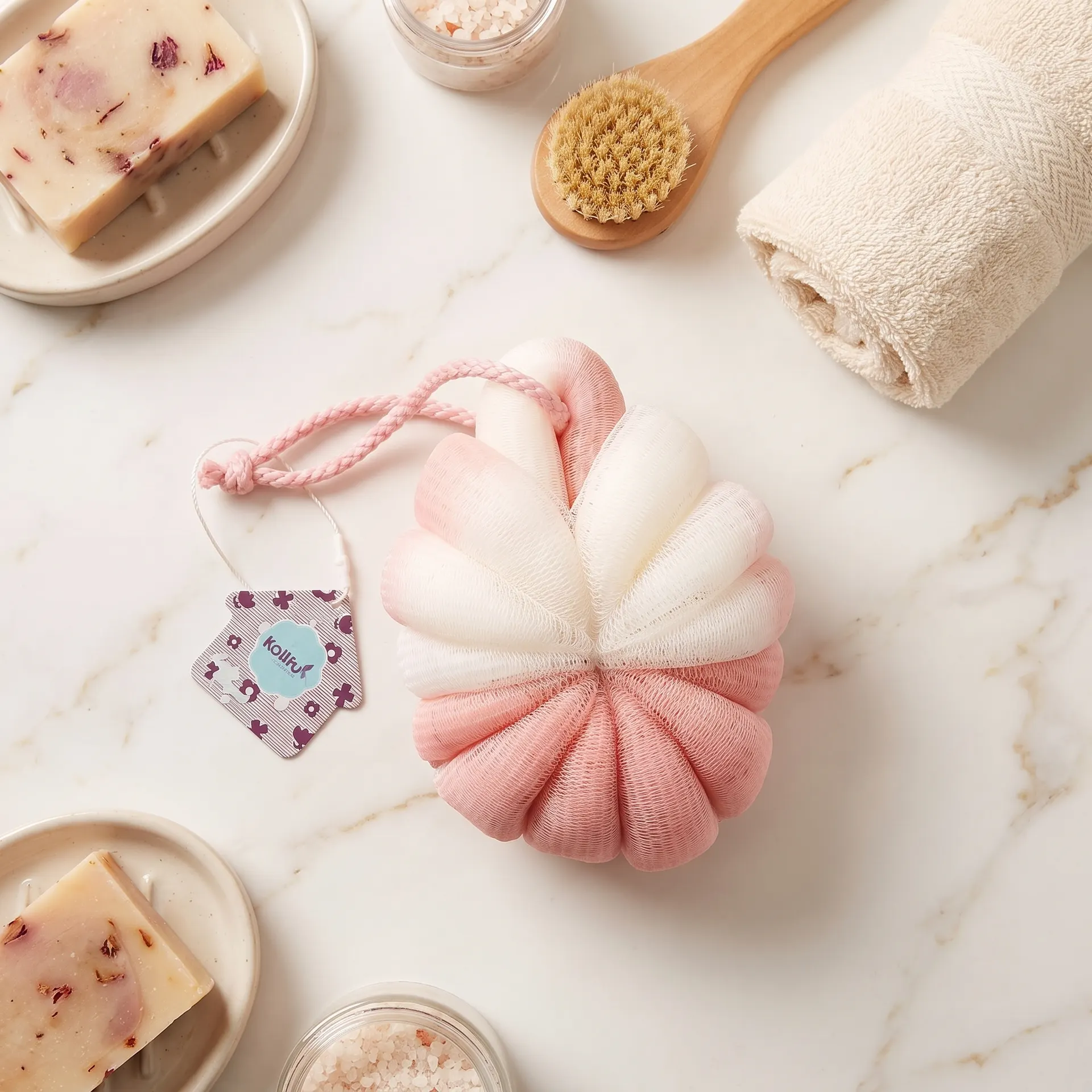 Two-Tone Pink & White Pumpkin Style Bath Loofah – Soft Mesh Body Scrubber, Foaming Exfoliating Shower Sponge, Lightweight Reusable Bath Cleaning Tool | Buy2Enjoy.PK