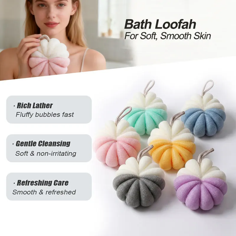 Two-Tone Pink & White Pumpkin Style Bath Loofah – Soft Mesh Body Scrubber, Foaming Exfoliating Shower Sponge, Lightweight Reusable Bath Cleaning Tool | Buy2Enjoy.PK