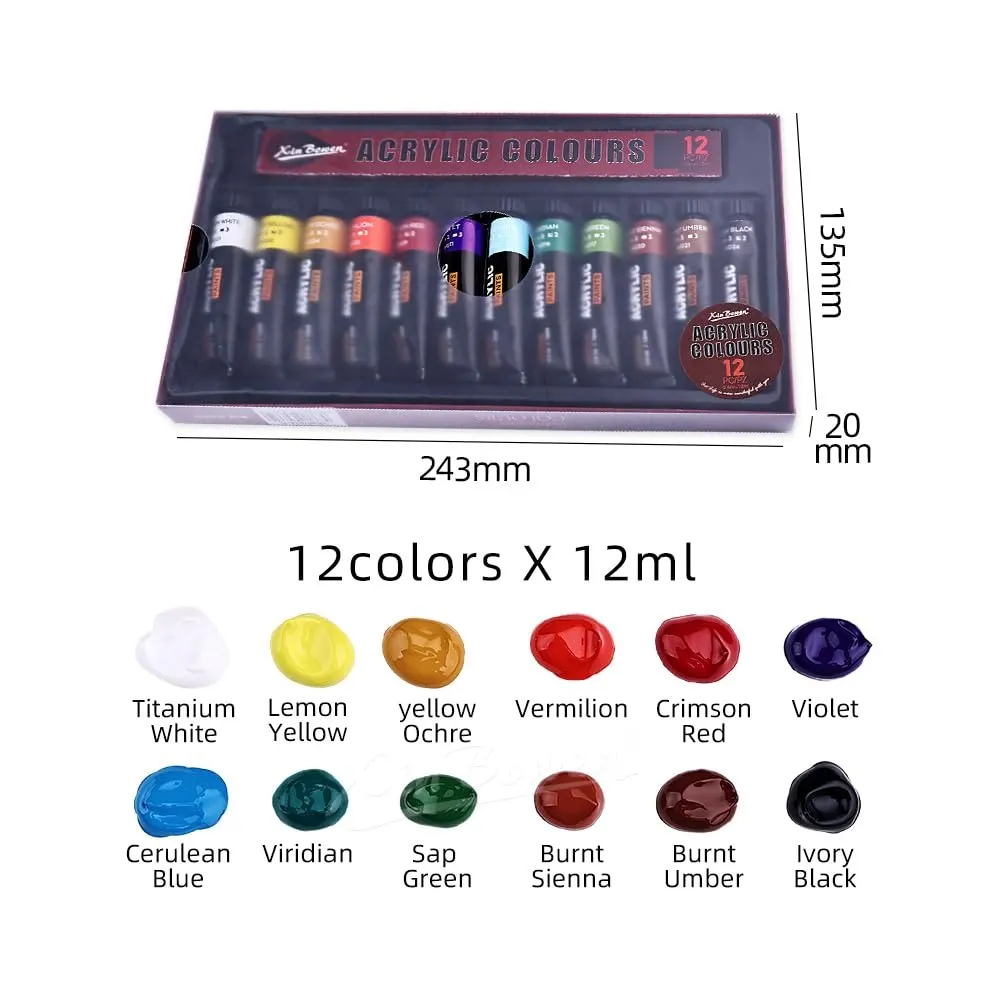 Xin Bowen Premium Acrylic Paint Set – 12 × 12ml Tubes, Imported Artist-Quality Acrylic Colors for Canvas Painting, Crafts, DIY, Art Projects & Creative Artwork | Buy2Enjoy
