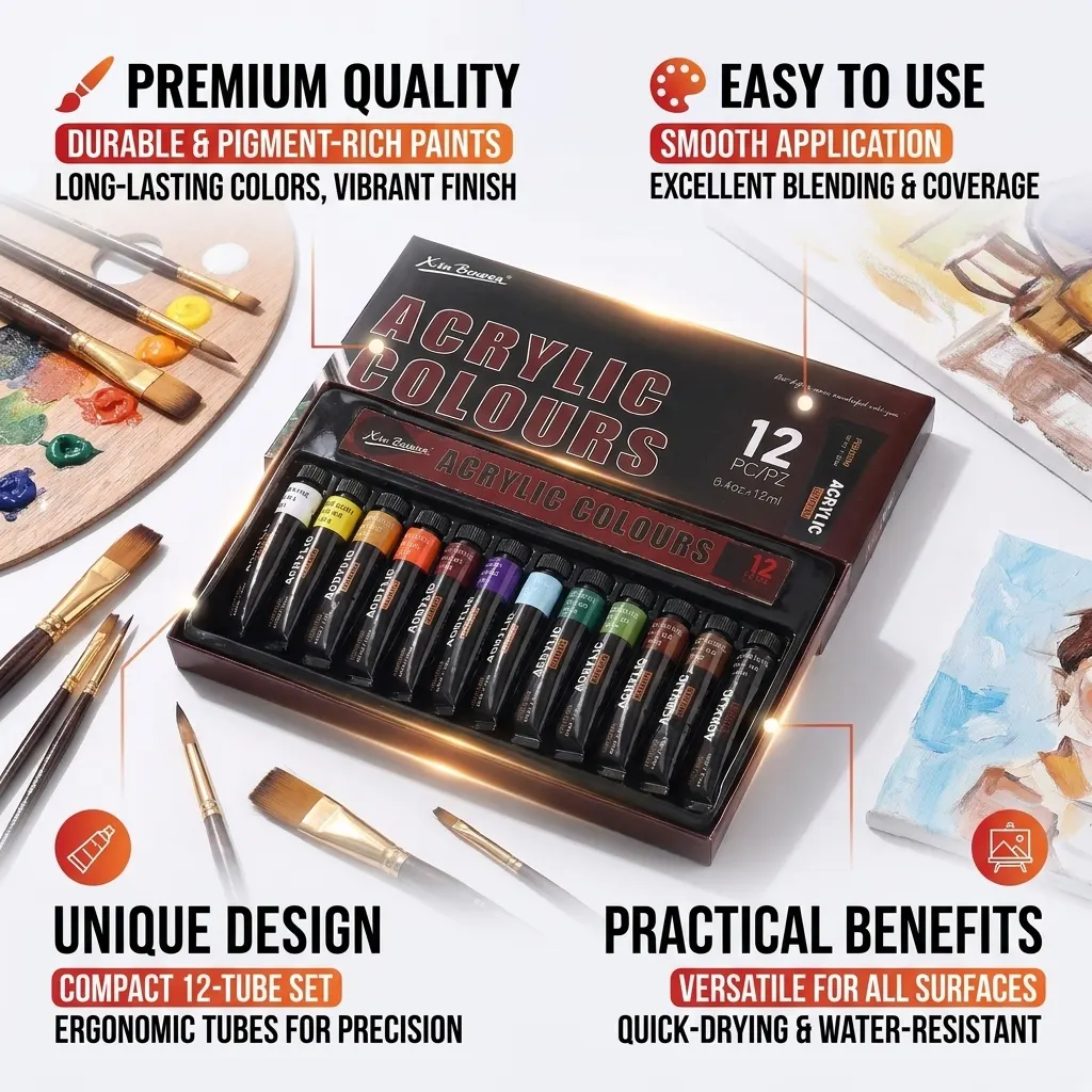 Xin Bowen Premium Acrylic Paint Set – 12 × 12ml Tubes, Imported Artist-Quality Acrylic Colors for Canvas Painting, Crafts, DIY, Art Projects & Creative Artwork | Buy2Enjoy