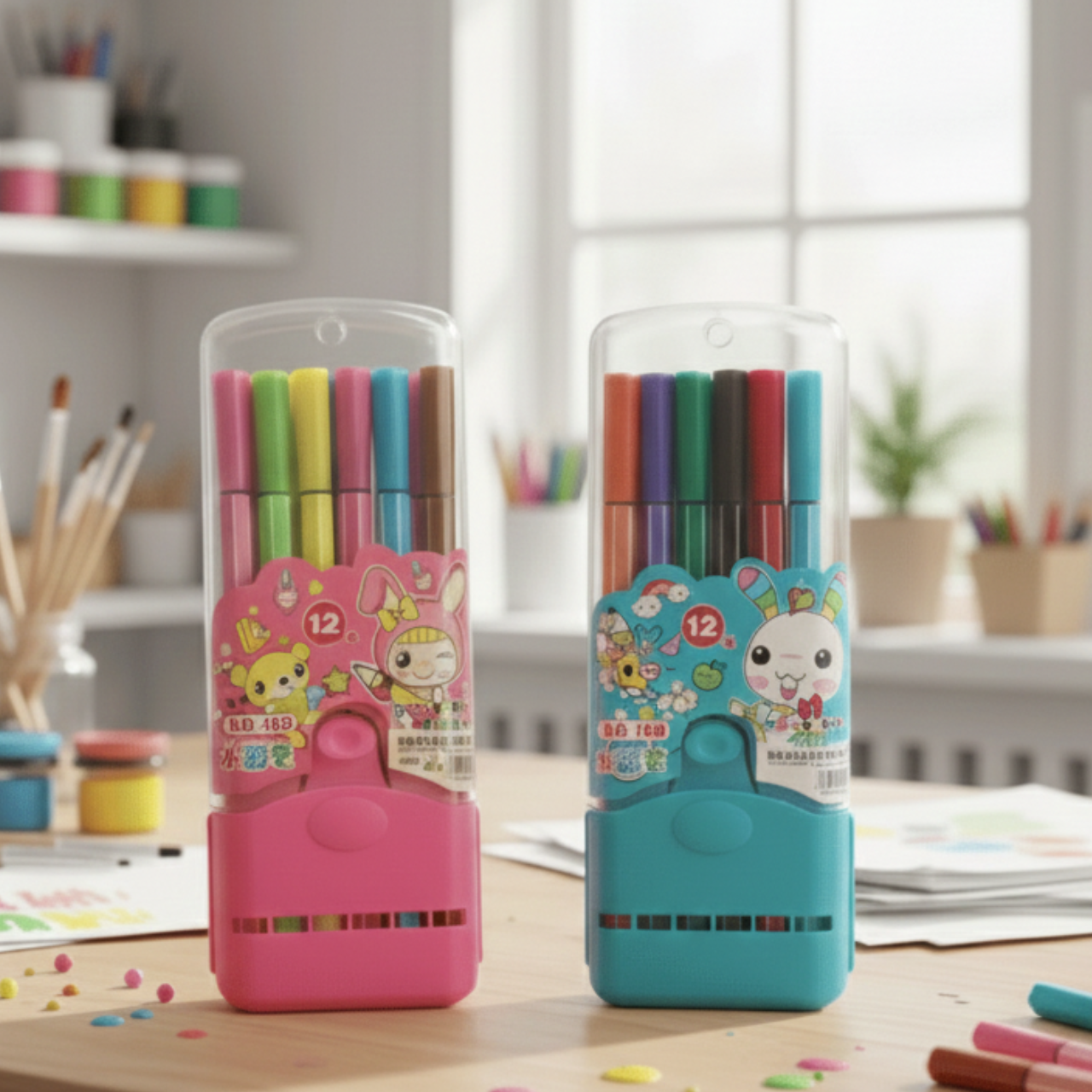 12 Pcs Multicolor Markers for Kids – Washable Coloring Marker Pens with Storage Box & Marker Stand Drawing, Painting & School Art Supplies for Children | Buy2Enjoy