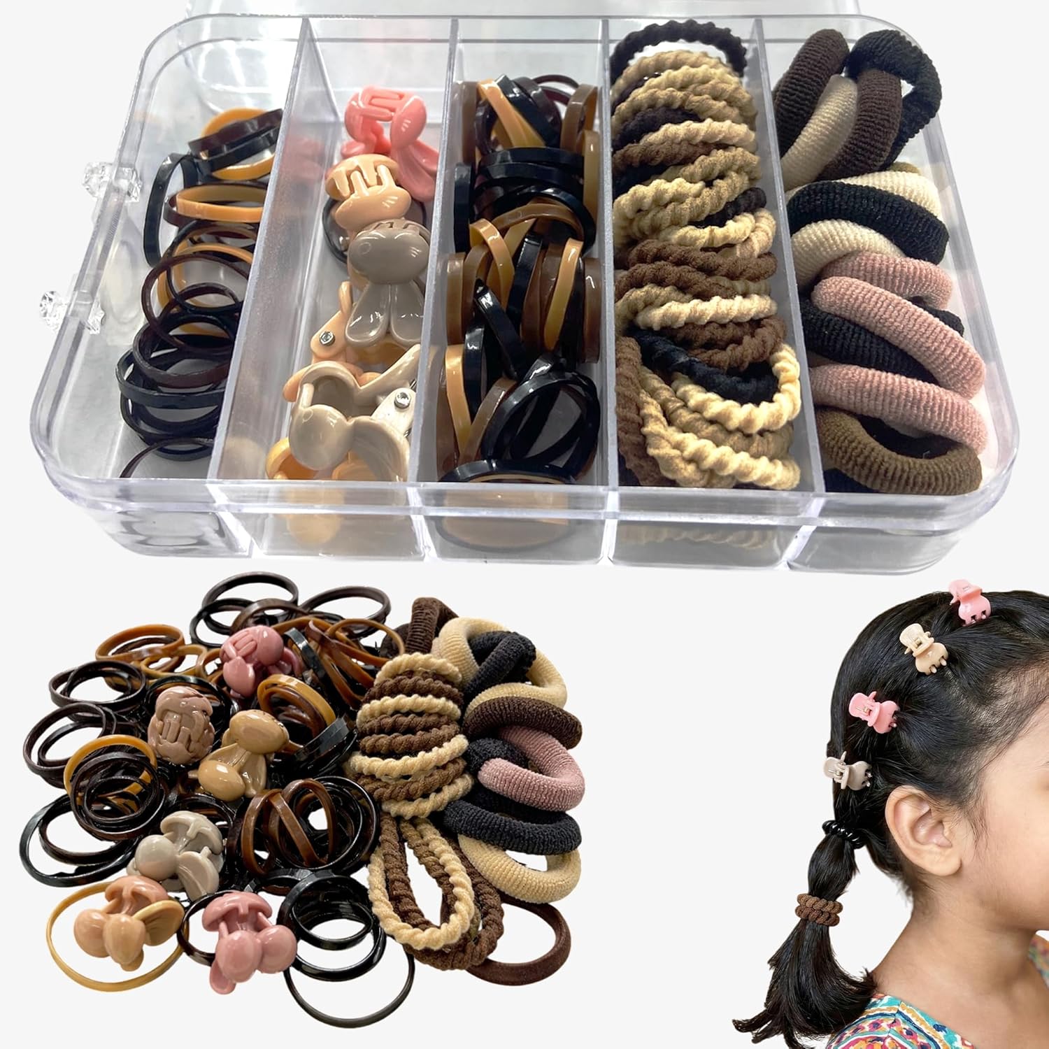 160+ Kids Hair Accessories Set for Girls Colorful Rubber Bands, Mini Claw Clips & Cute Hair Ties in Storage Box Hair Styling Kit for Ponytails, Braids & Gifts | Buy2Enjoy