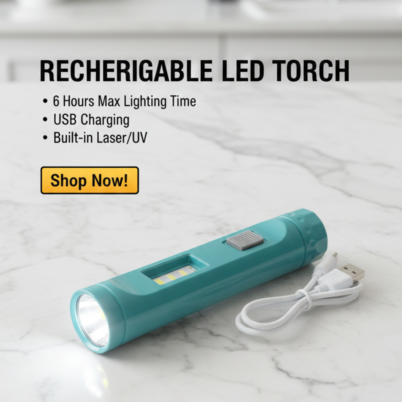 2 in 1 Rechargeable LED Torch, Strong Light Flashlight with Laser Beam, USB Charging Mini Portable Torch, Long Range 3W Light with 6 Hour Battery Backup for Outdoor Use | Buy2Enjoy