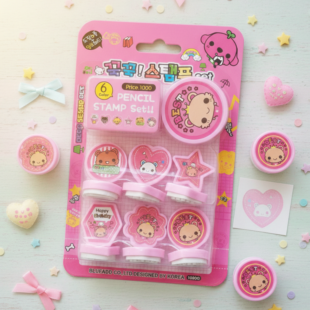 6 Character Kawaii Pencil Stamp Set, Cute Cartoon Animal Rubber Stamps with Bear, Heart, Star & Birthday Designs, Multi Color Ink Stamps for Kids Crafts Planners School | Buy2Enjoy