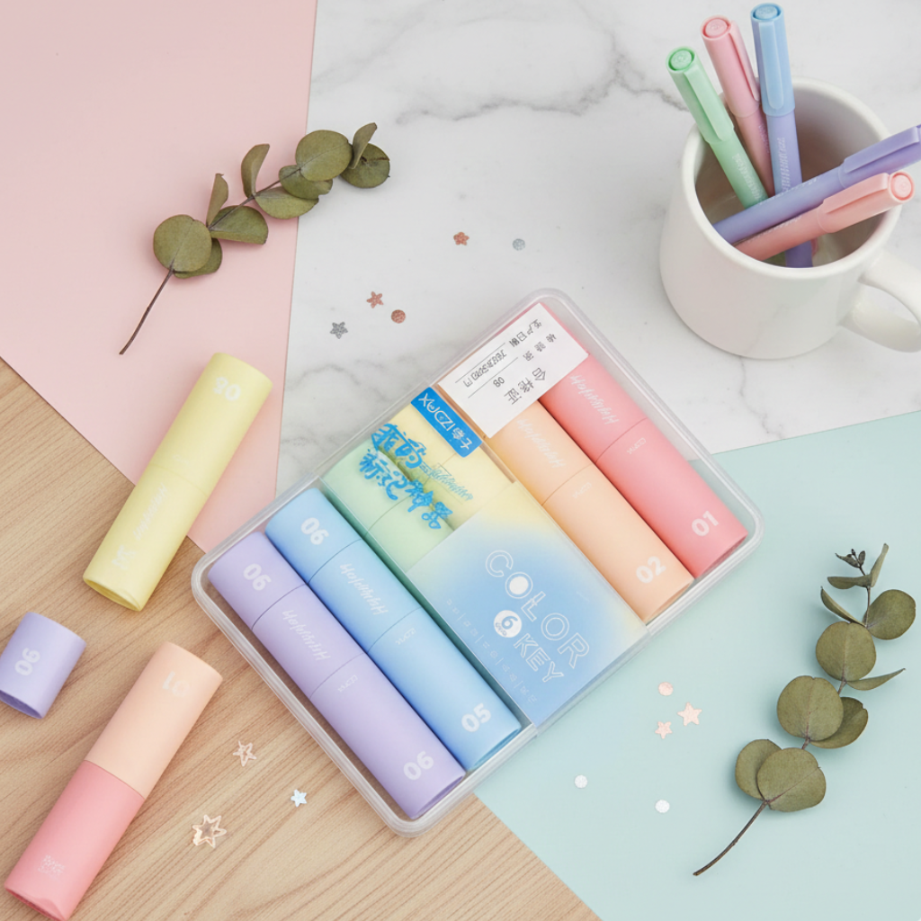 6 Pcs Aesthetic Pastel Highlighter Pen Set, Kawaii Multicolor Chisel Tip Markers with Triangular Grip, Smooth Smudge Free Highlighters for School Office Journaling | Buy2Enjoy