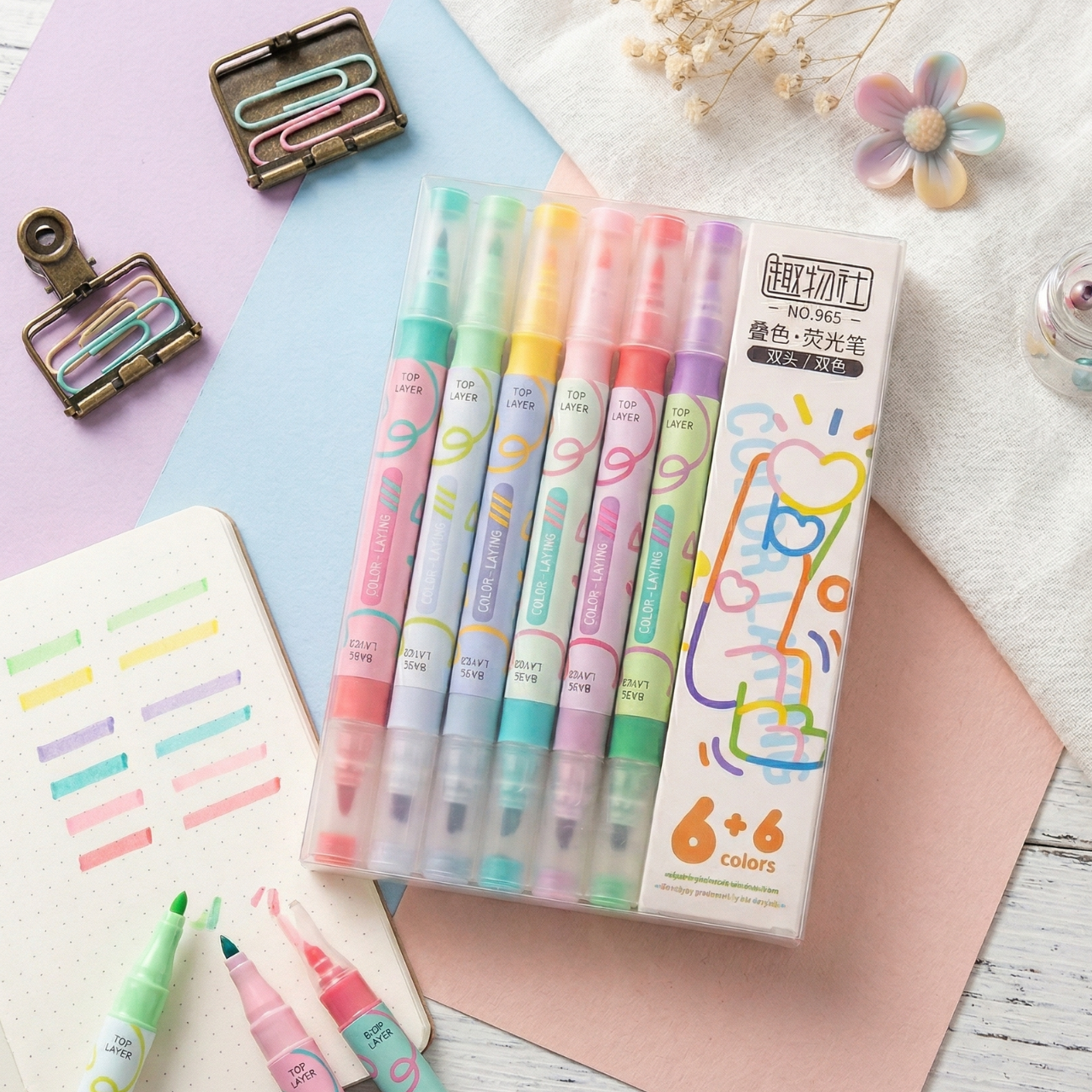 6 PCS Dual-Side Color Layering Highlighter Pen Set Fluorescent Magic Art Markers for Drawing Office School Stacking Colors Base & Top Layer Overlay | Buy2Enjoy