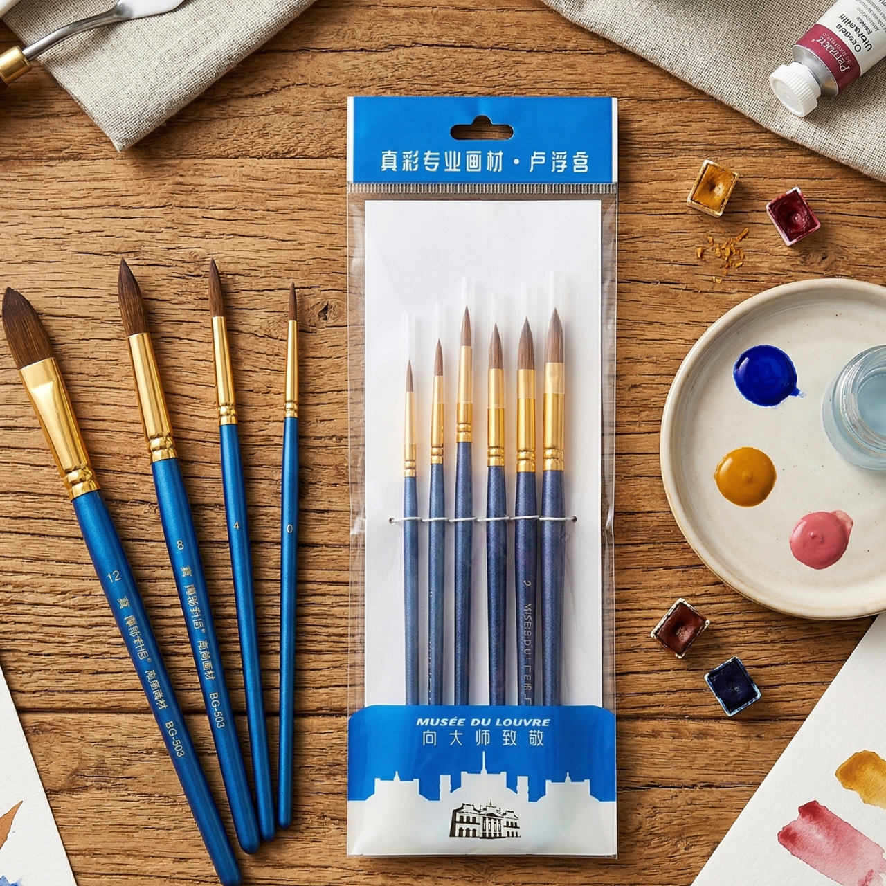 6 PCS Musee Du Louvre Paint Brush Set Natural Wolf Hair Round Brushes Fine Point for Acrylic Oil Watercolor Painting | Buy2Enjoy