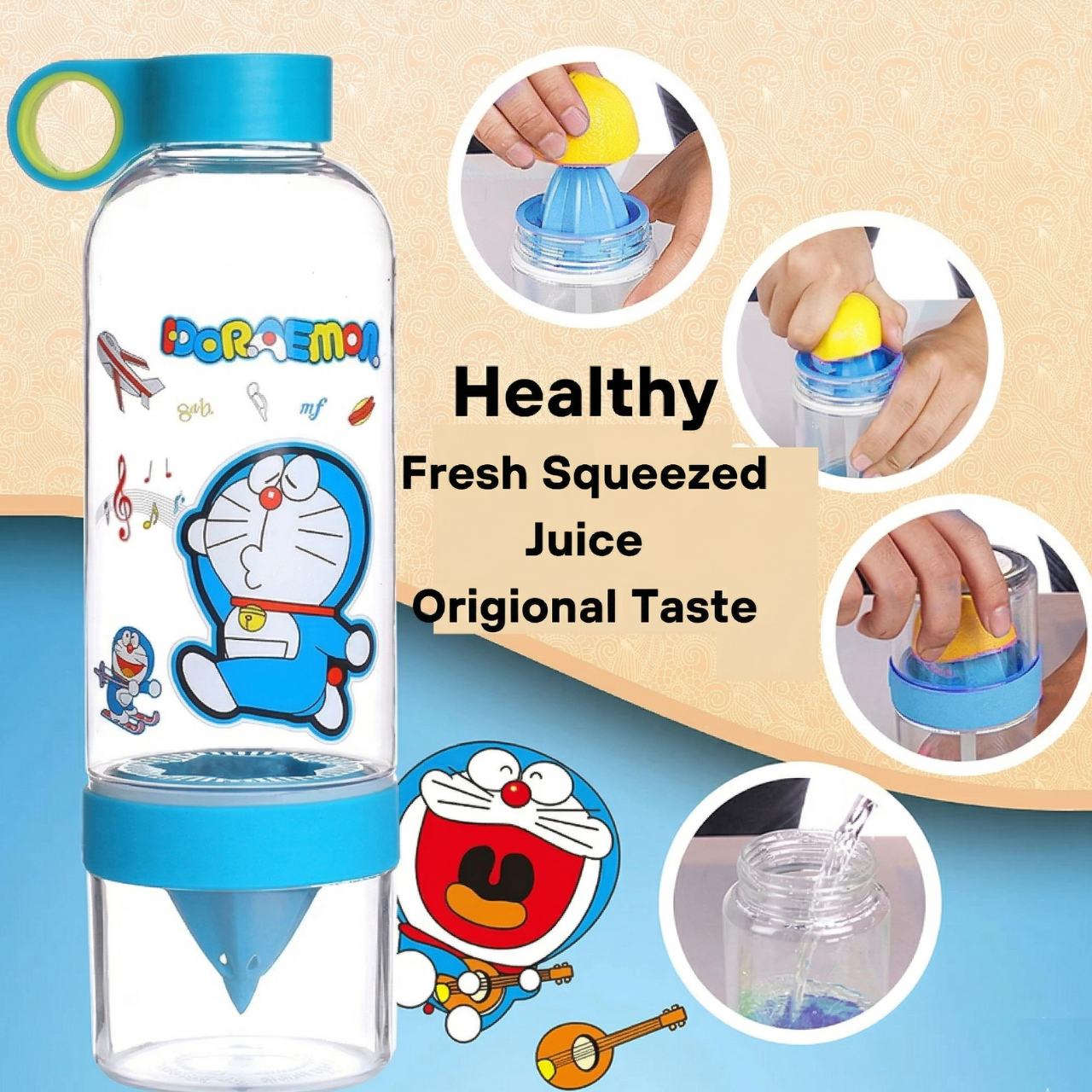 830 ml Premium Quality Doraemon Bottle, Lid , Body Cup , Squeezer and Under Body Cup , Cup can resist temperature from -20 to 100 C Amazing New Juice Squeezer technology