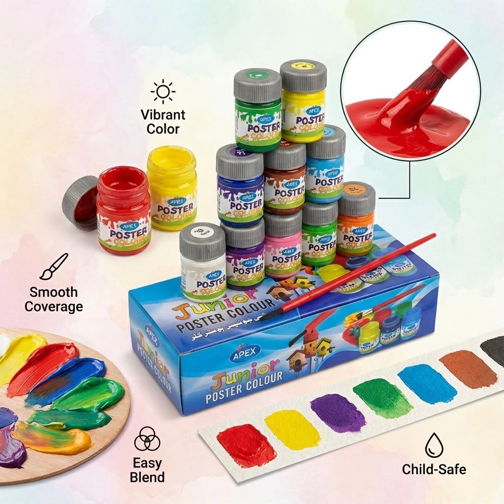 Apex Junior Poster Colors Paint Set 12 Bright Water Based Non Toxic Washable Paints 12cc Bottles for Kids Art Finger Painting School Projects Drawing Crafts | Buy2Enjoy
